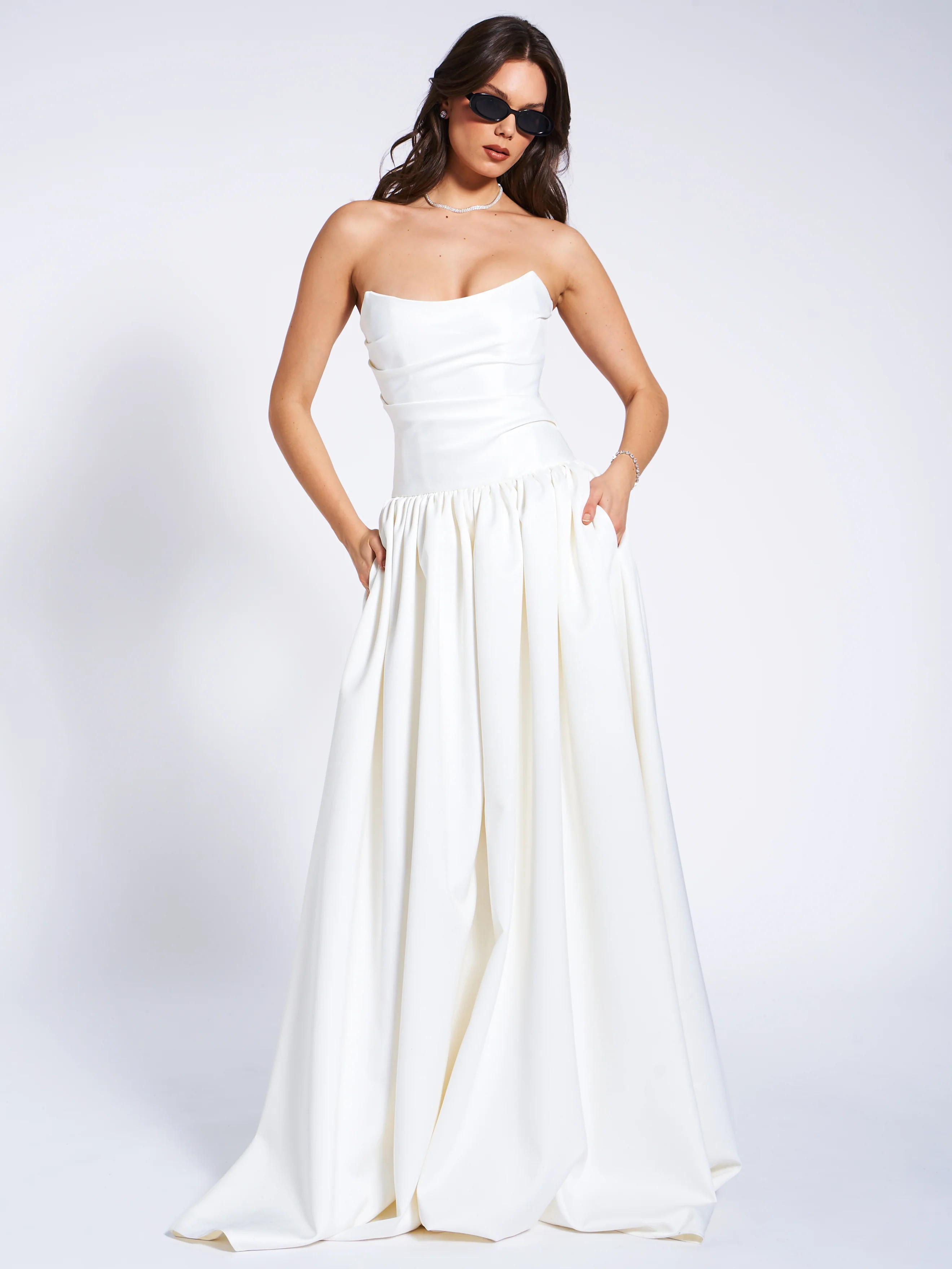 Umay White Drop Waist Satin Corset Bridal Gown - Image 9