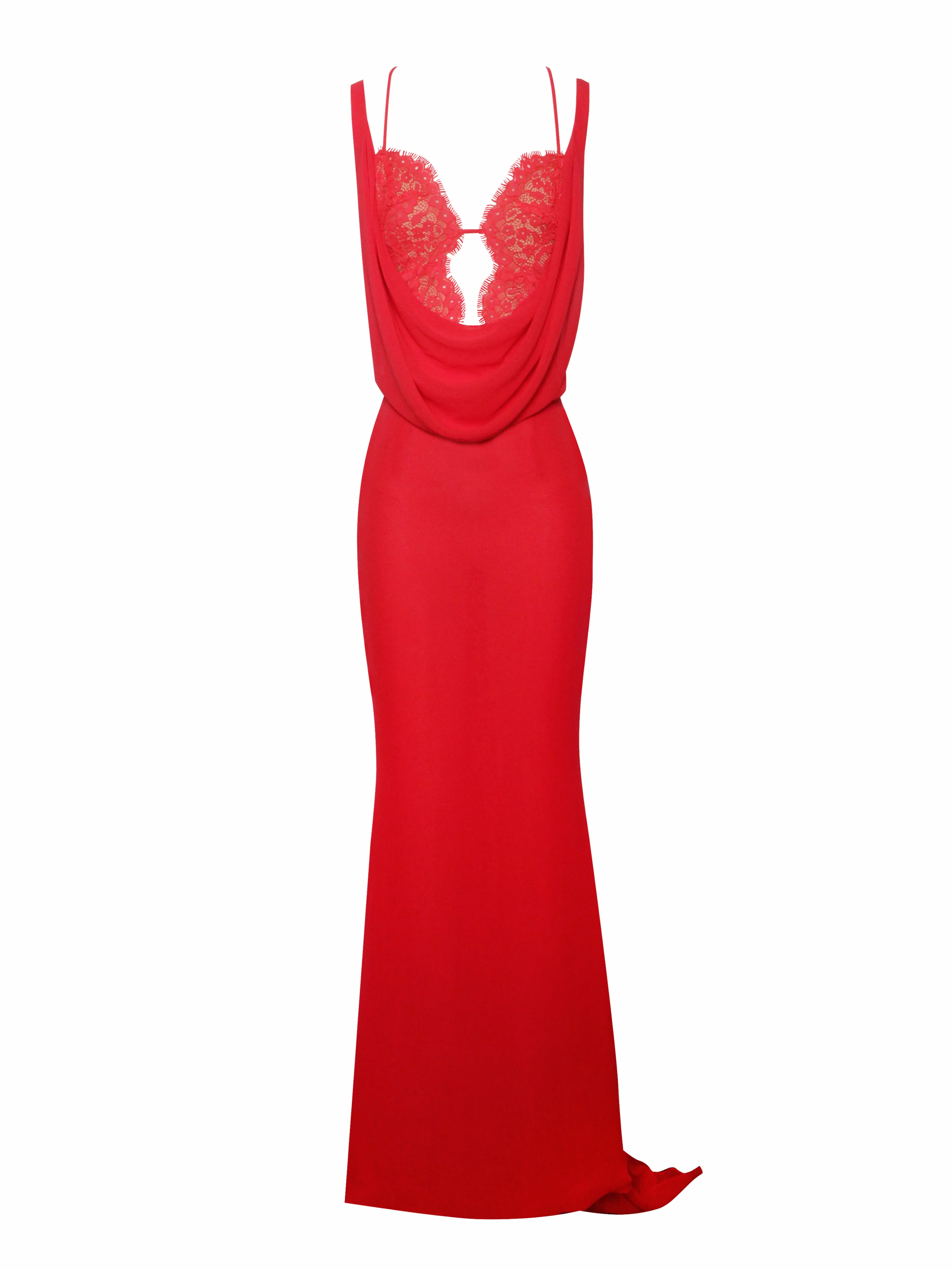 Ulanda Red Chiffon Lace Backless Maxi Train Dress - Image 7