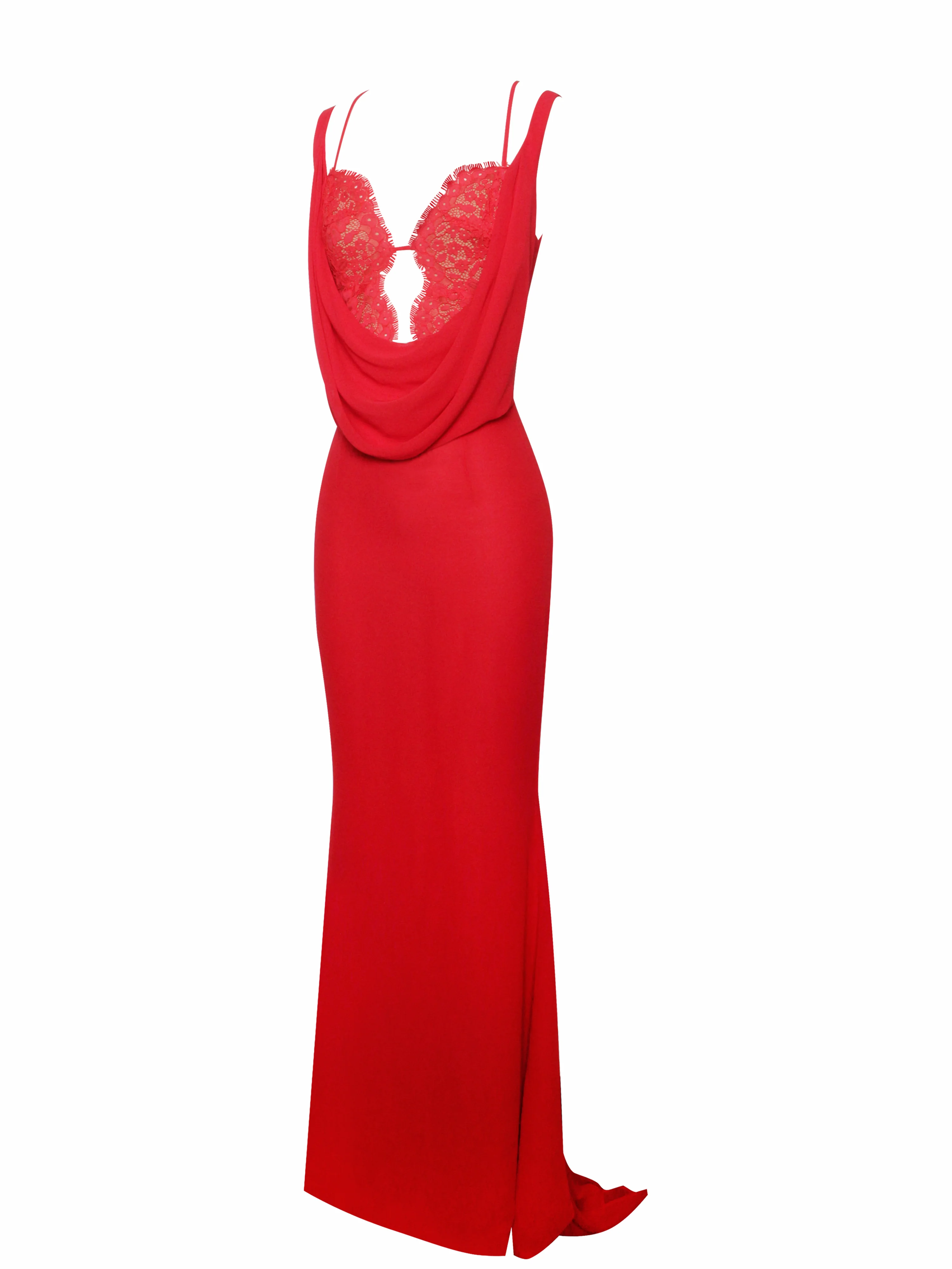 Ulanda Red Chiffon Lace Backless Maxi Train Dress - Image 8