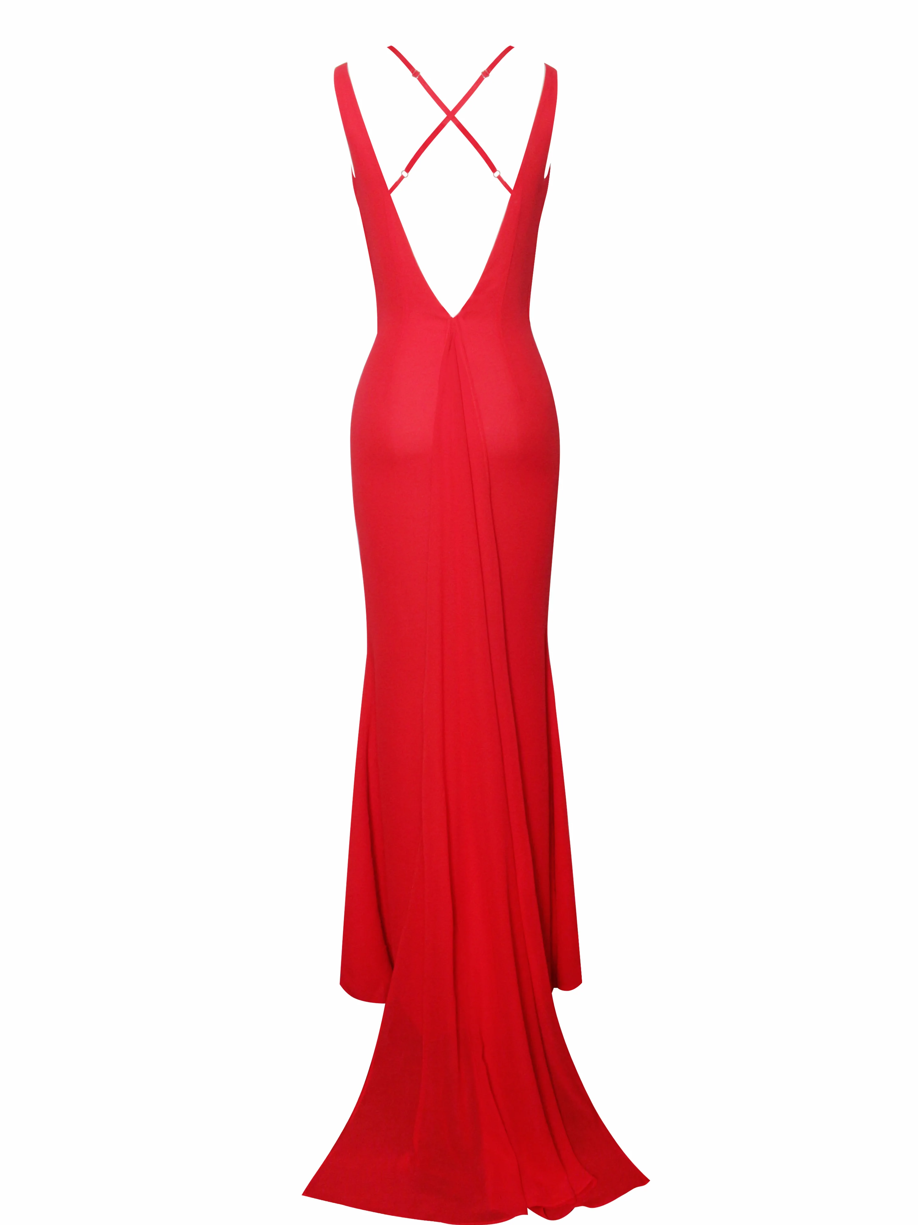 Ulanda Red Chiffon Lace Backless Maxi Train Dress - Image 9