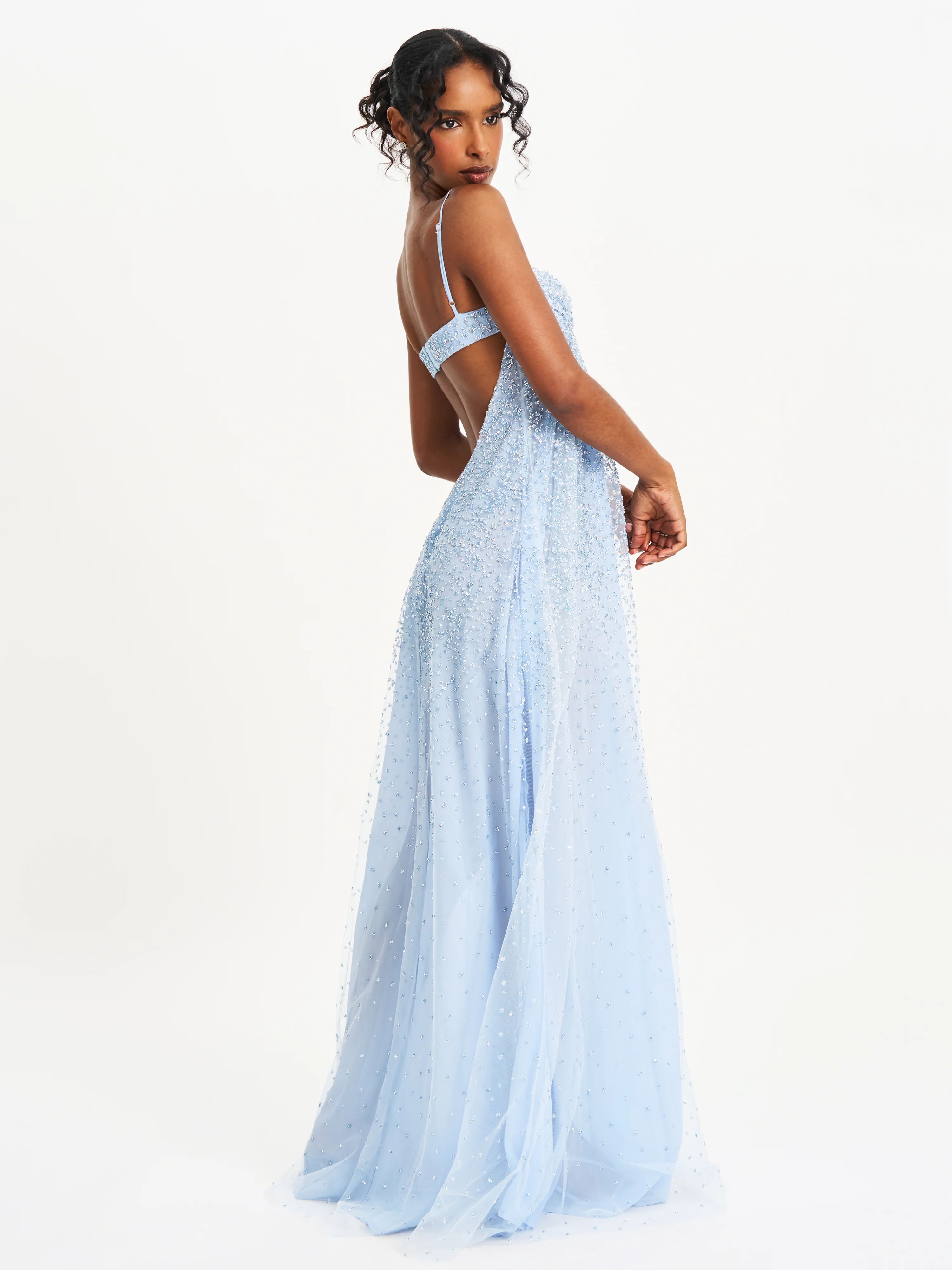 Wallie Baby Blue Rhinestone Embellished Mesh Backless Gown - Image 3