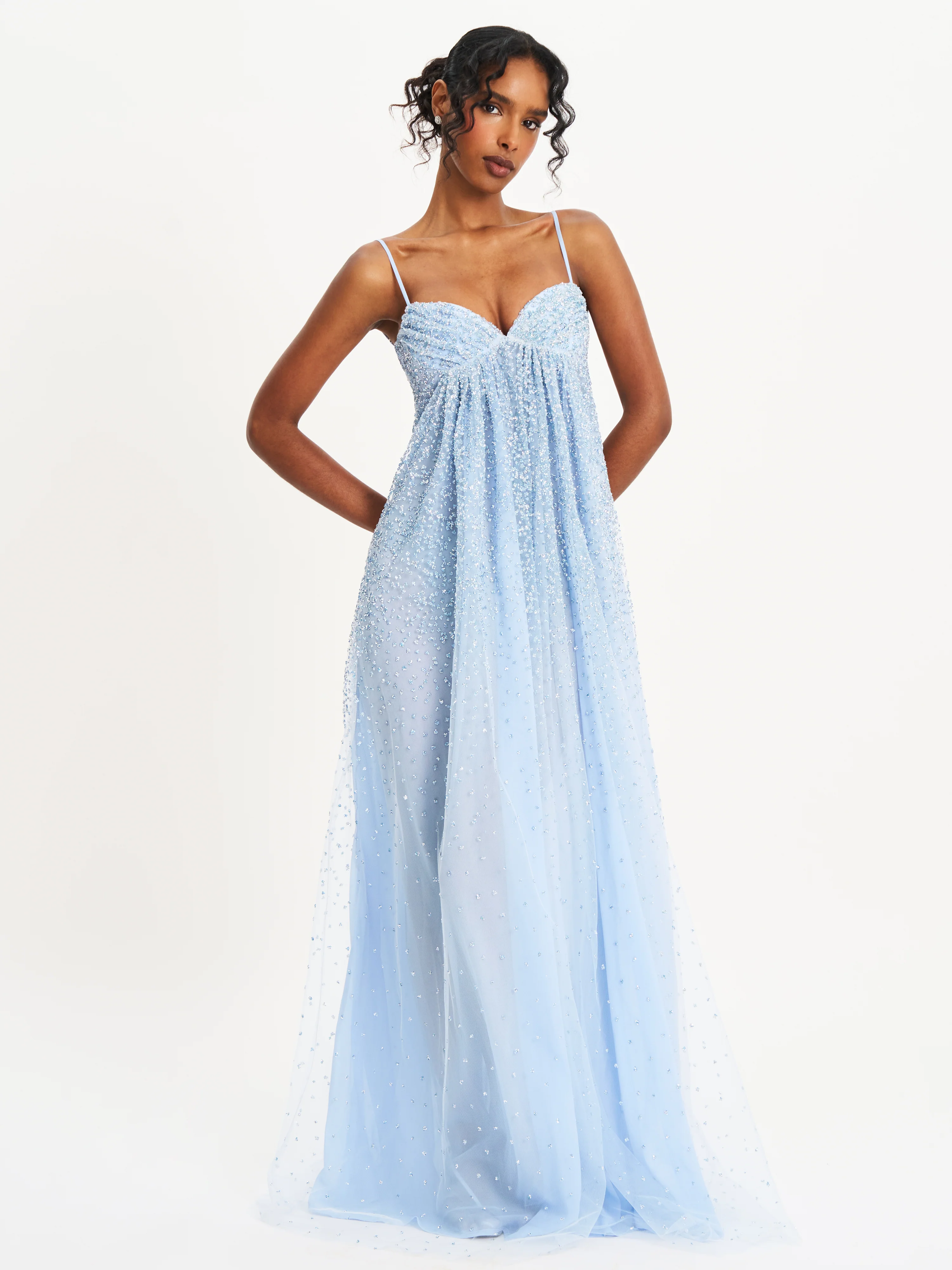 Wallie Baby Blue Rhinestone Embellished Mesh Backless Gown - Image 9