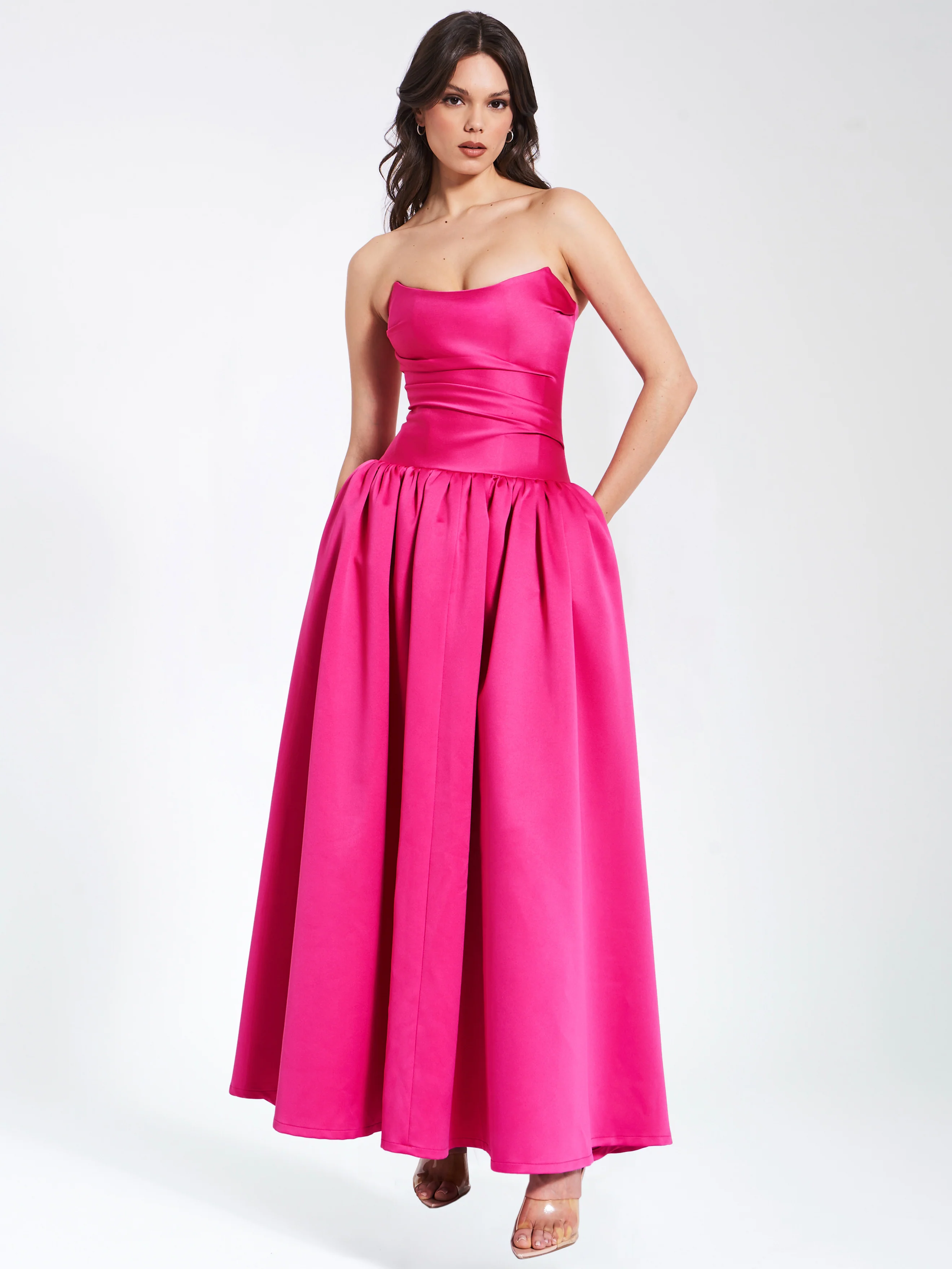 Walterina Fuchsia Satin Strapless Drop Waist Corset Gown - Image 3
