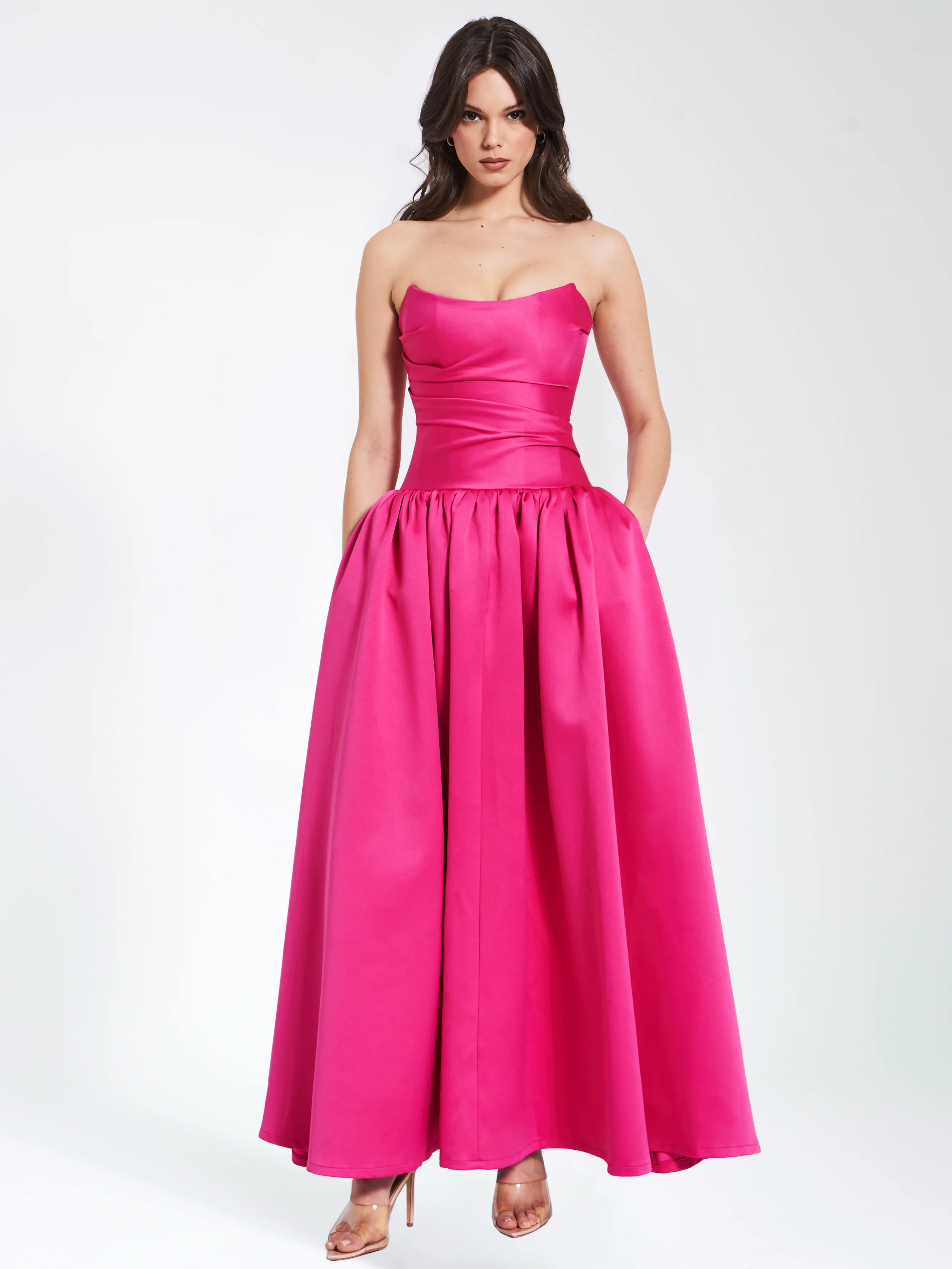 Walterina Fuchsia Satin Strapless Drop Waist Corset Gown - Image 4