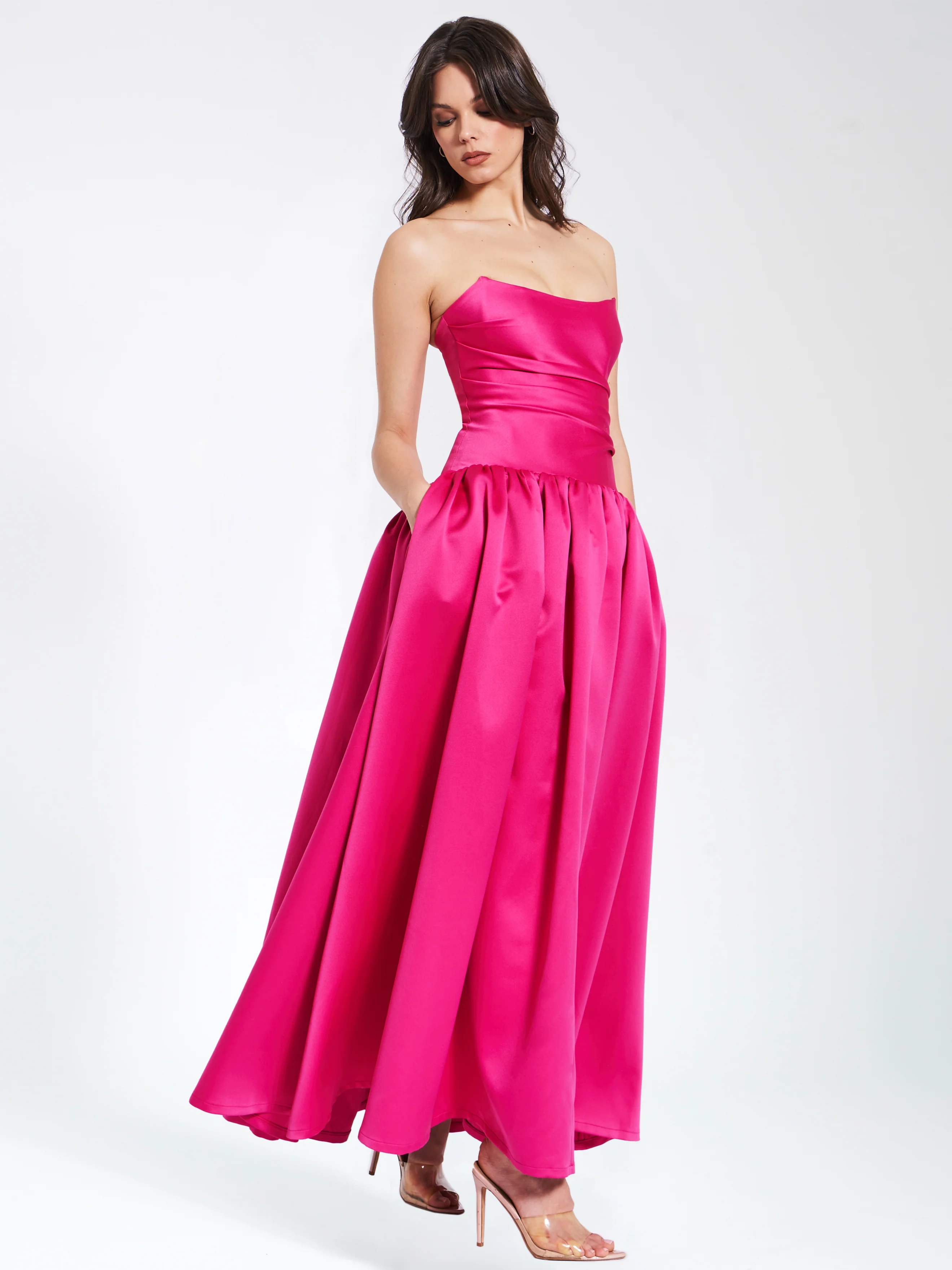 Walterina Fuchsia Satin Strapless Drop Waist Corset Gown - Image 6