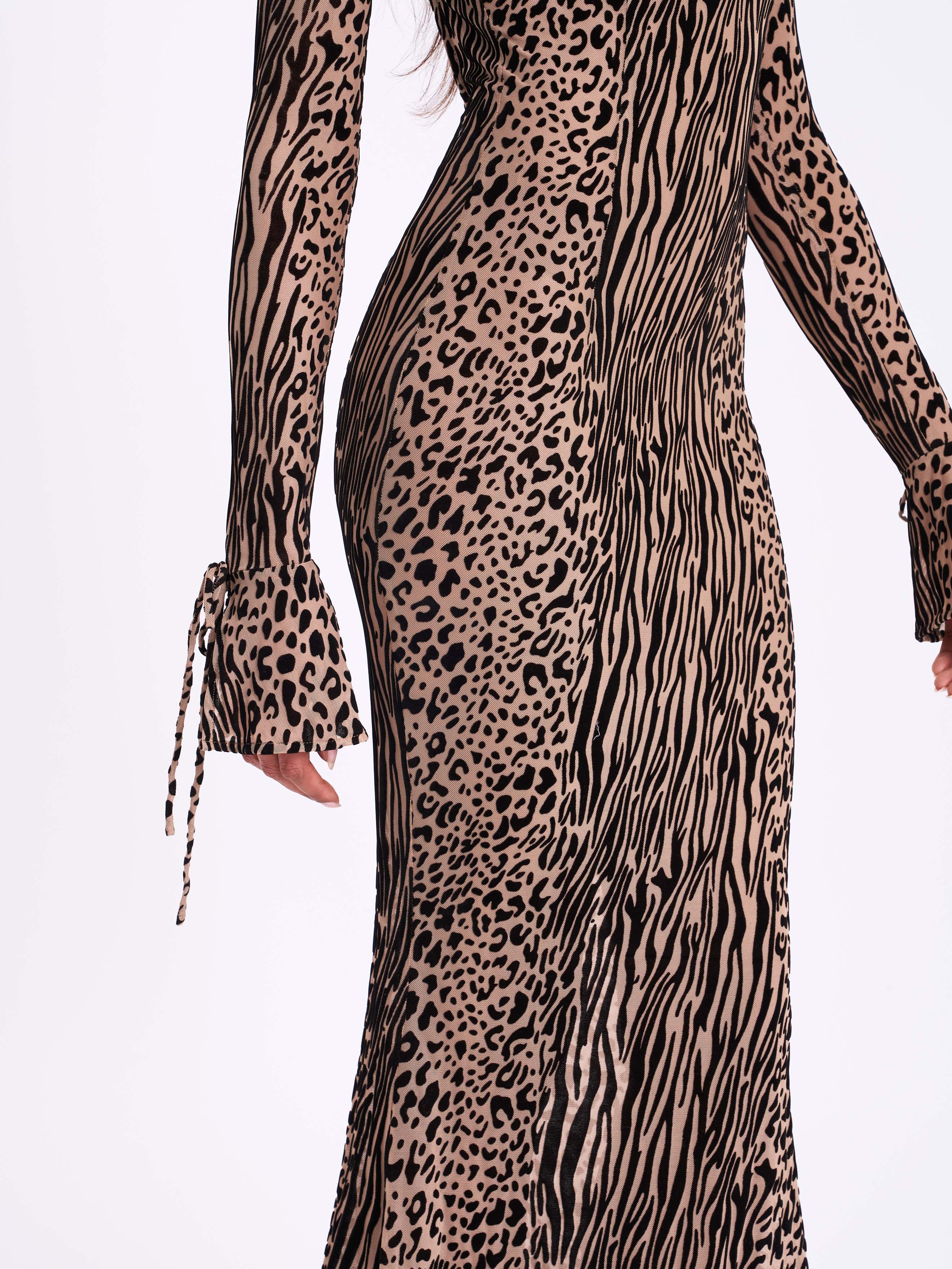 Waylynn Nude Black Animal Print Burnout Velvet Detail Mesh Backless Maxi Dress - Image 11