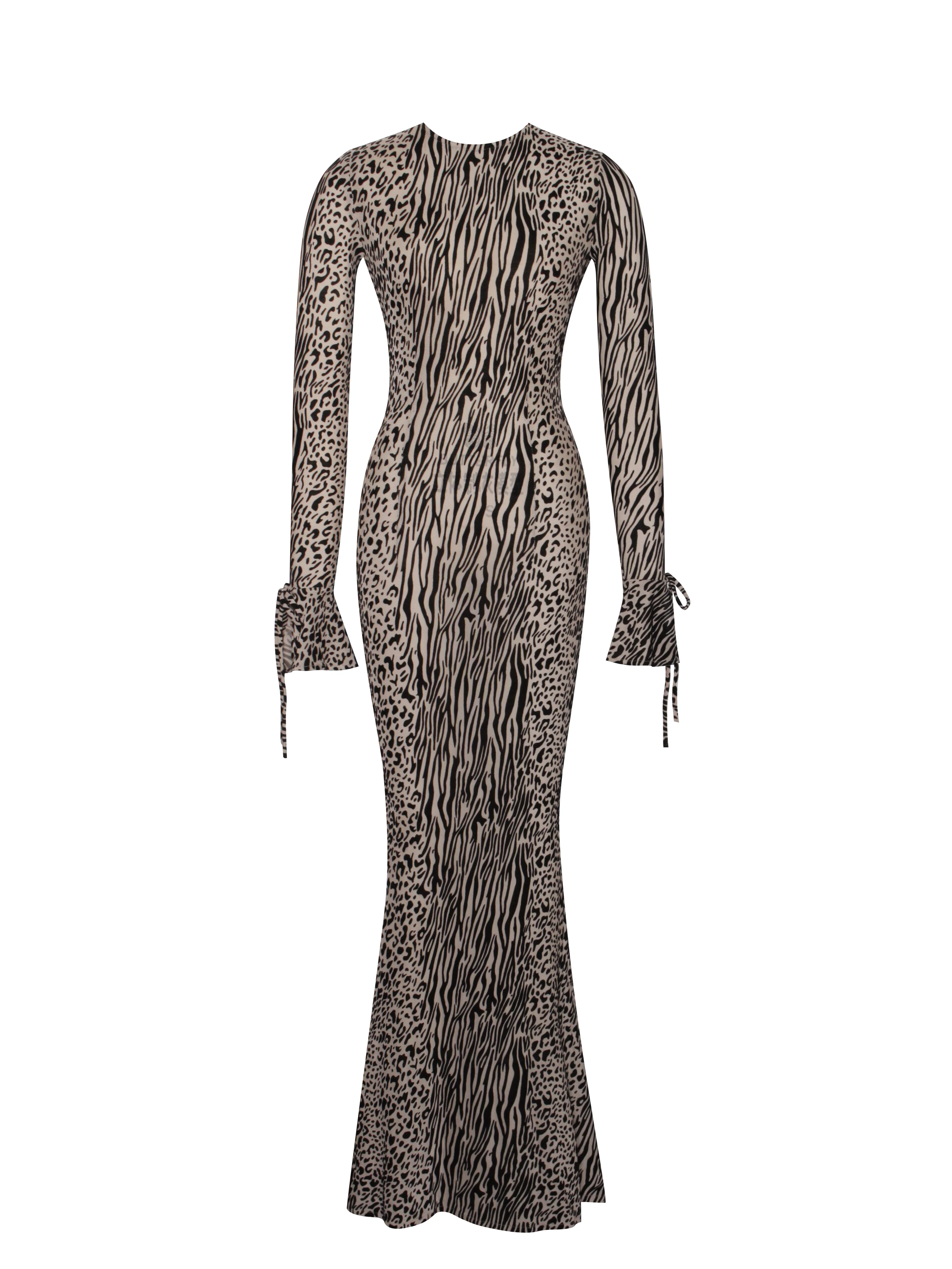 Waylynn Nude Black Animal Print Burnout Velvet Detail Mesh Backless Maxi Dress - Image 15