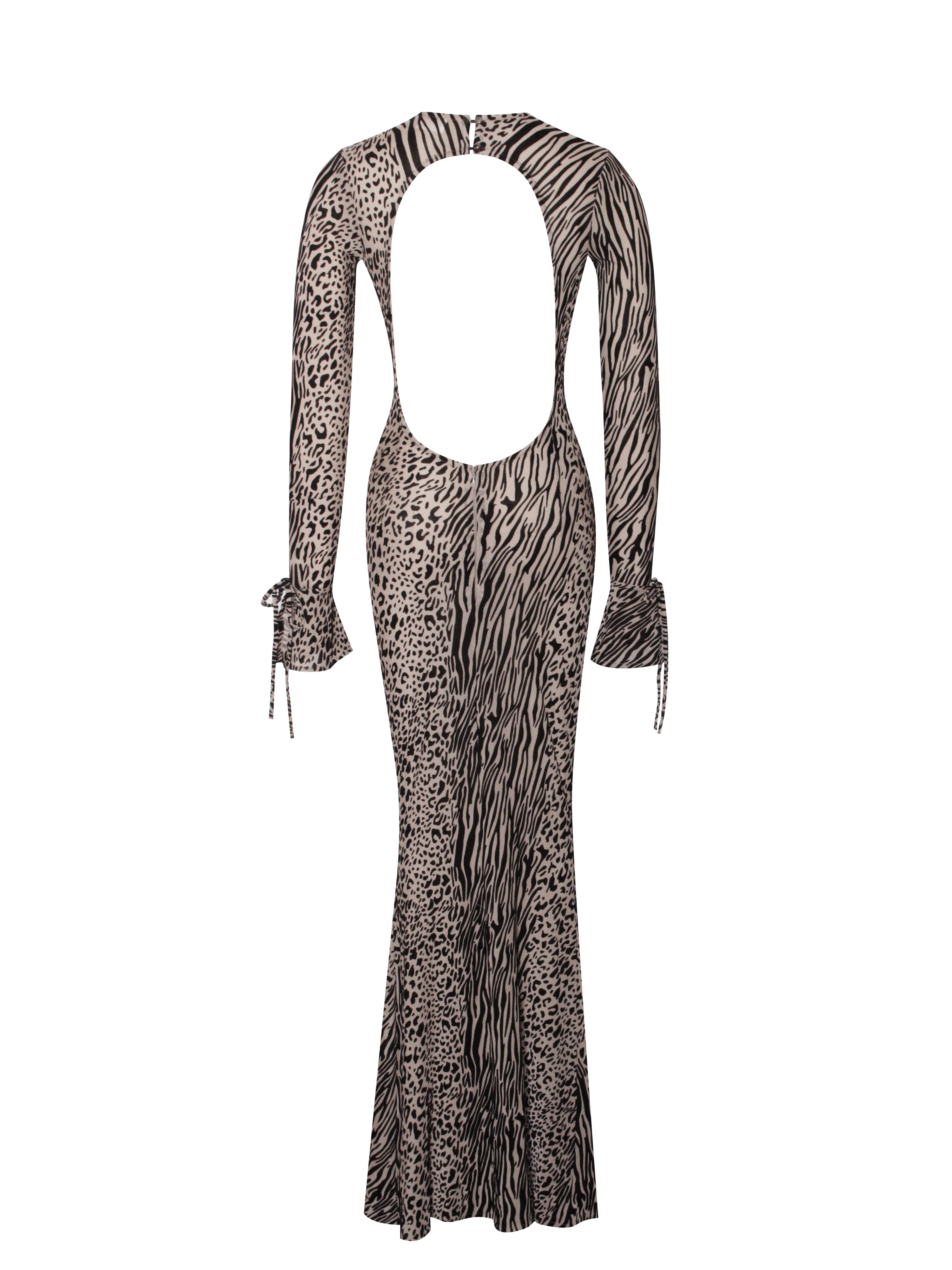 Waylynn Nude Black Animal Print Burnout Velvet Detail Mesh Backless Maxi Dress - Image 17