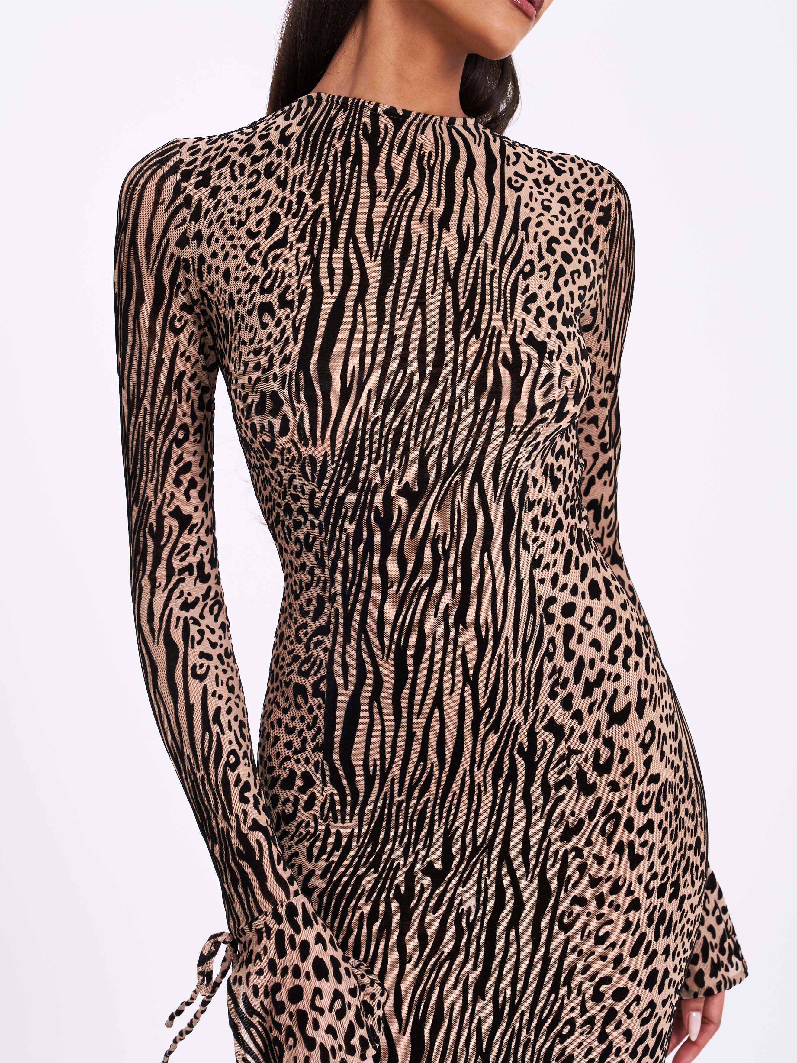 Waylynn Nude Black Animal Print Burnout Velvet Detail Mesh Backless Maxi Dress - Image 5