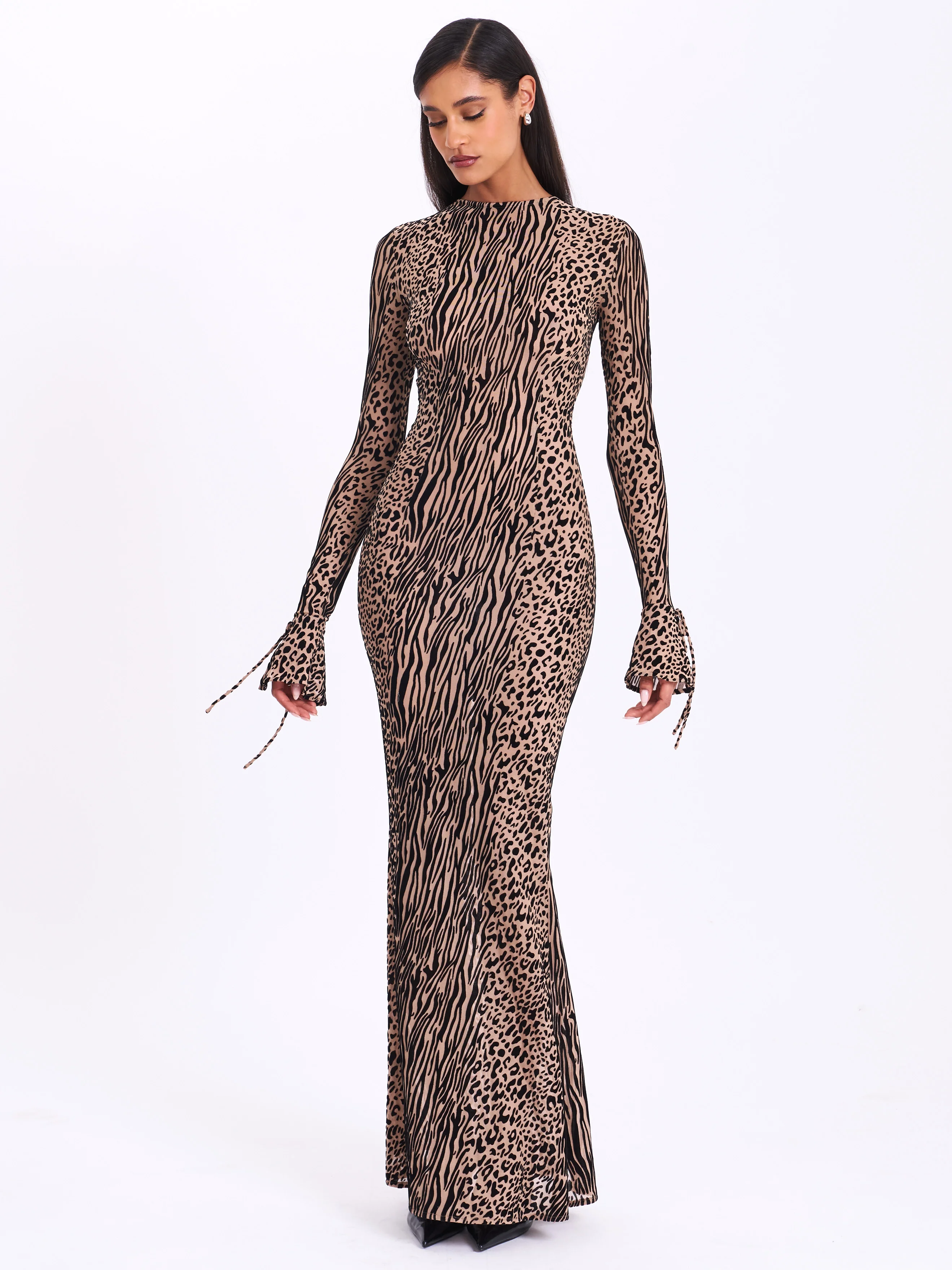 Waylynn Nude Black Animal Print Burnout Velvet Detail Mesh Backless Maxi Dress - Image 9