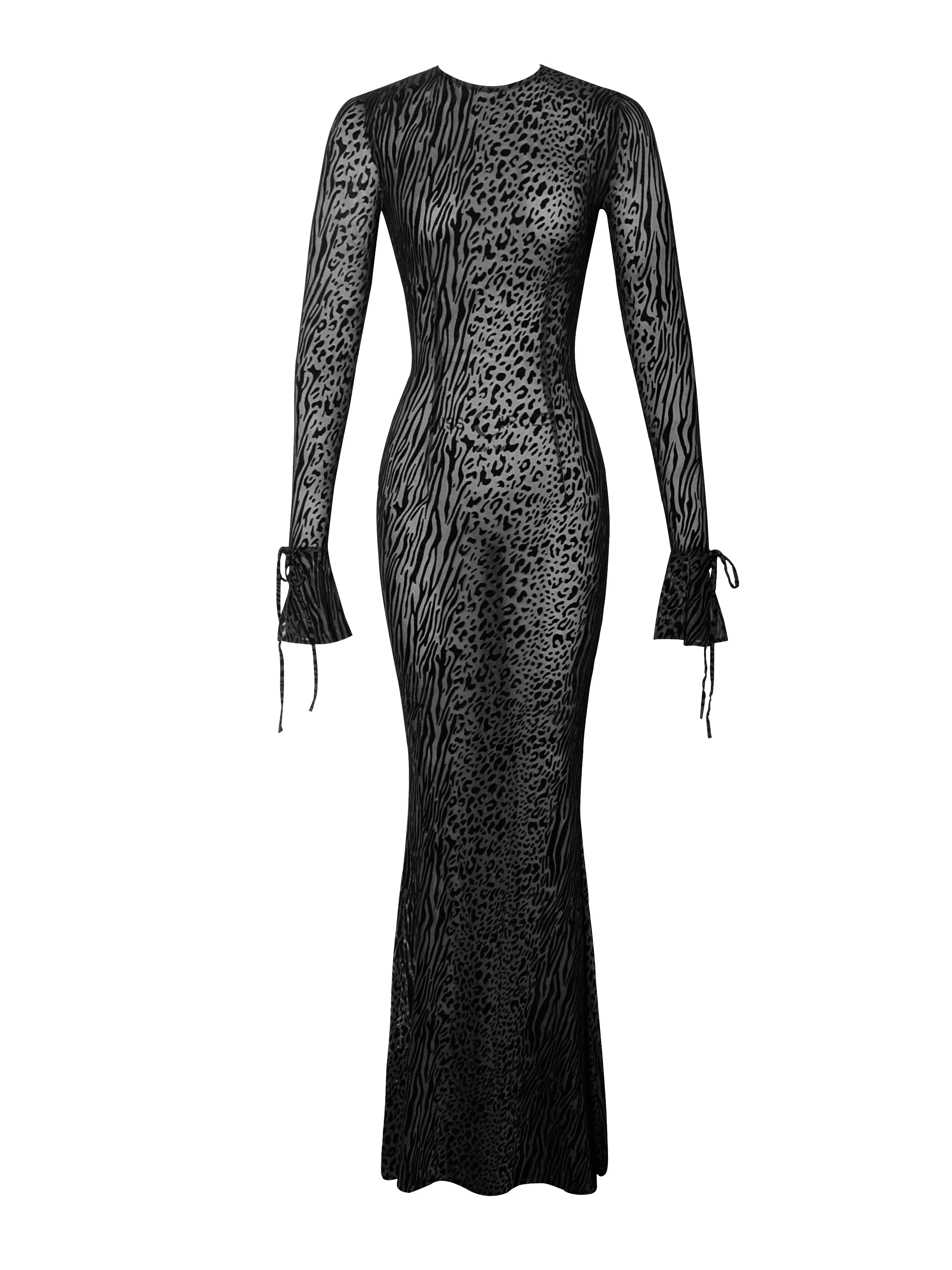 Waylynn Black Animal Print Burnout Velvet Detail Mesh Backless Maxi Dress - Image 10