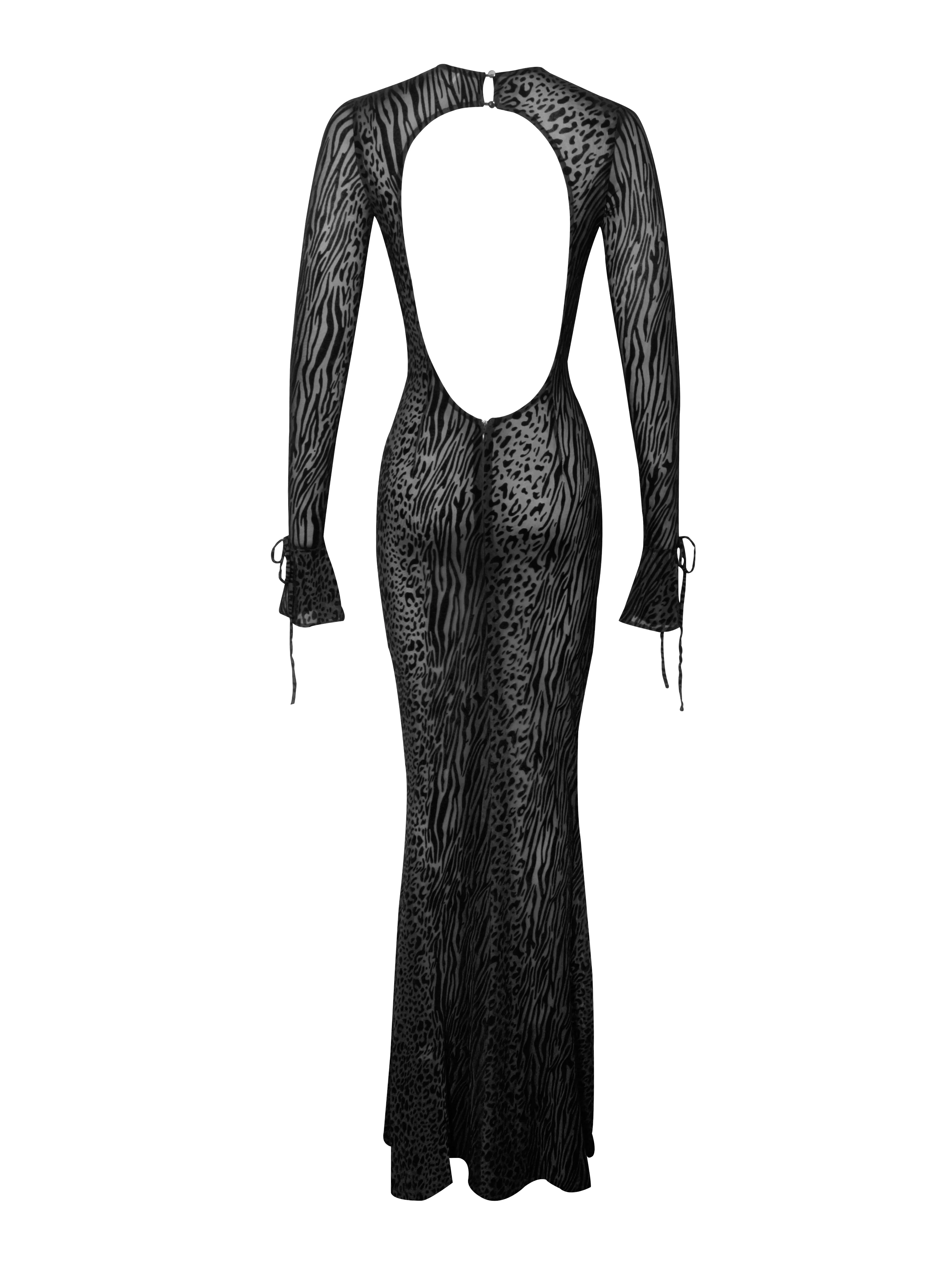 Waylynn Black Animal Print Burnout Velvet Detail Mesh Backless Maxi Dress - Image 12
