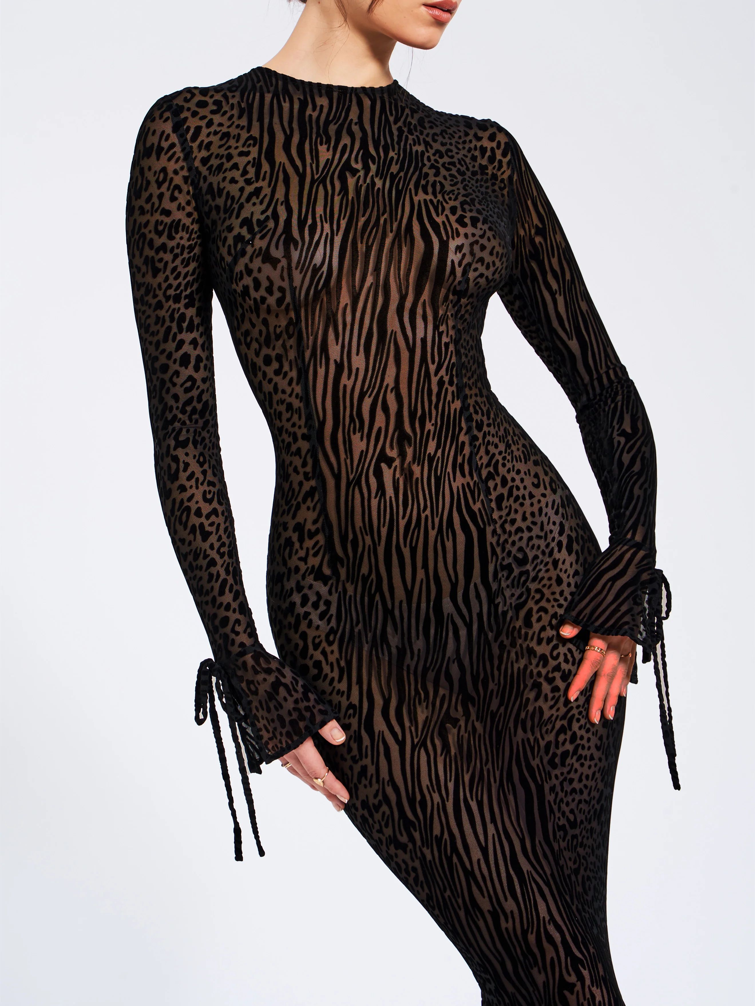 Waylynn Black Animal Print Burnout Velvet Detail Mesh Backless Maxi Dress - Image 7