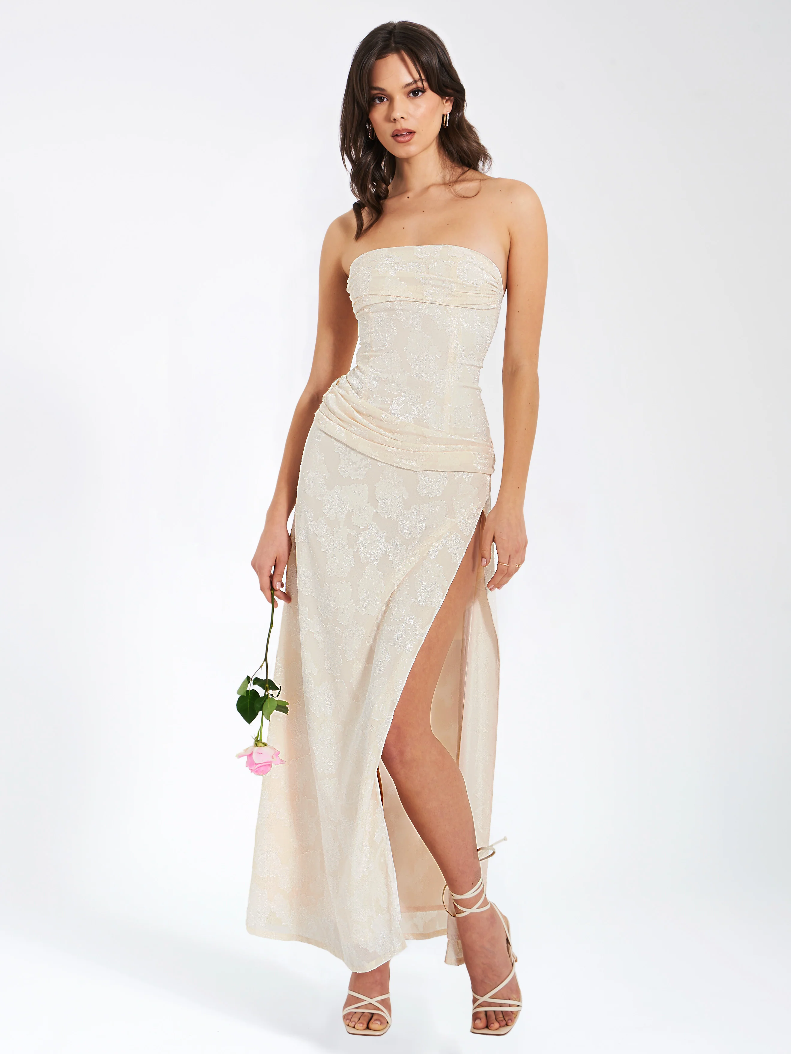 Xatia Off White Jacquard Textured High Slit Maxi Dress - Image 7