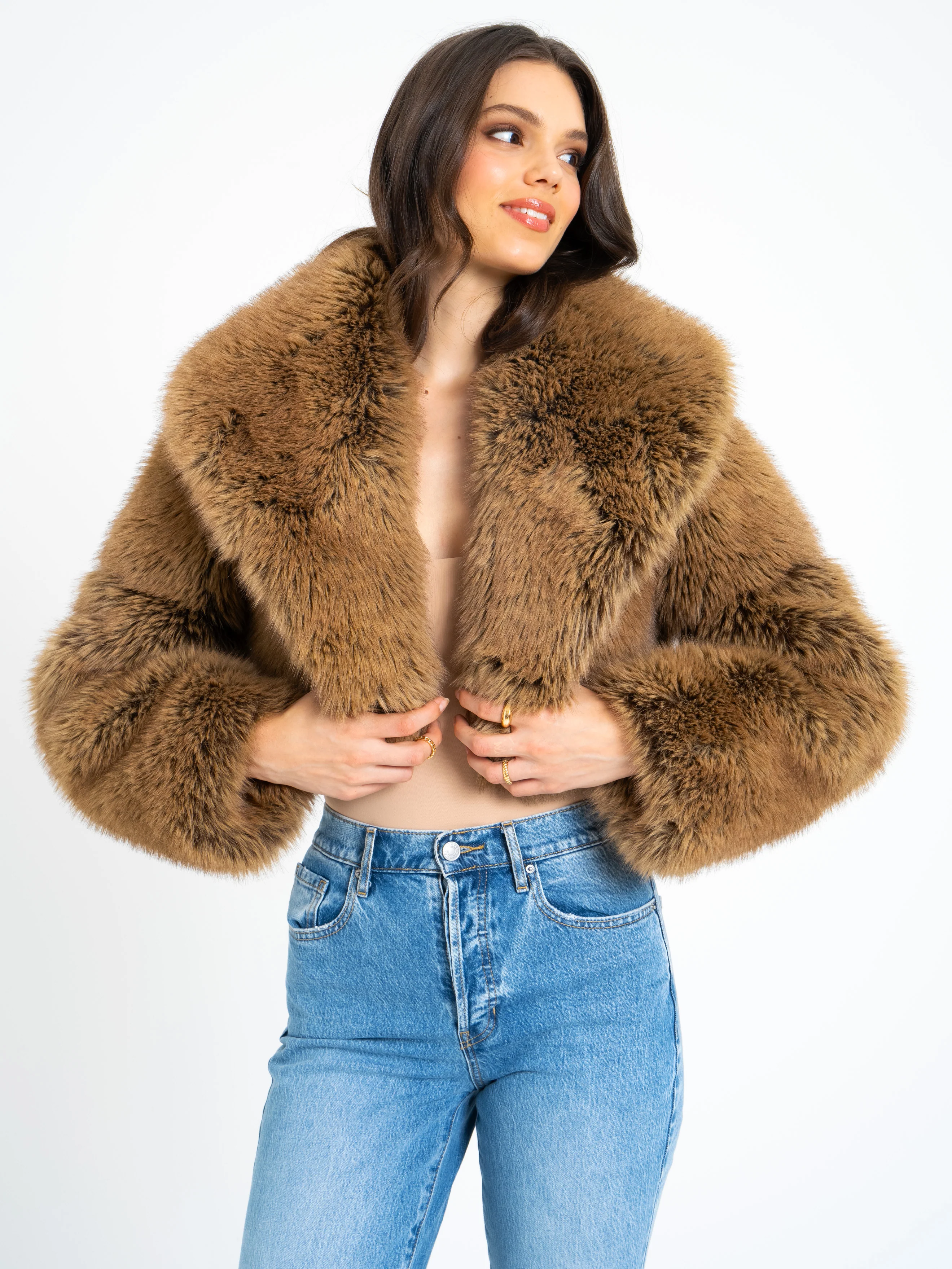 Yadavi Brown Vegan Fur Cropped Jacket - Image 12