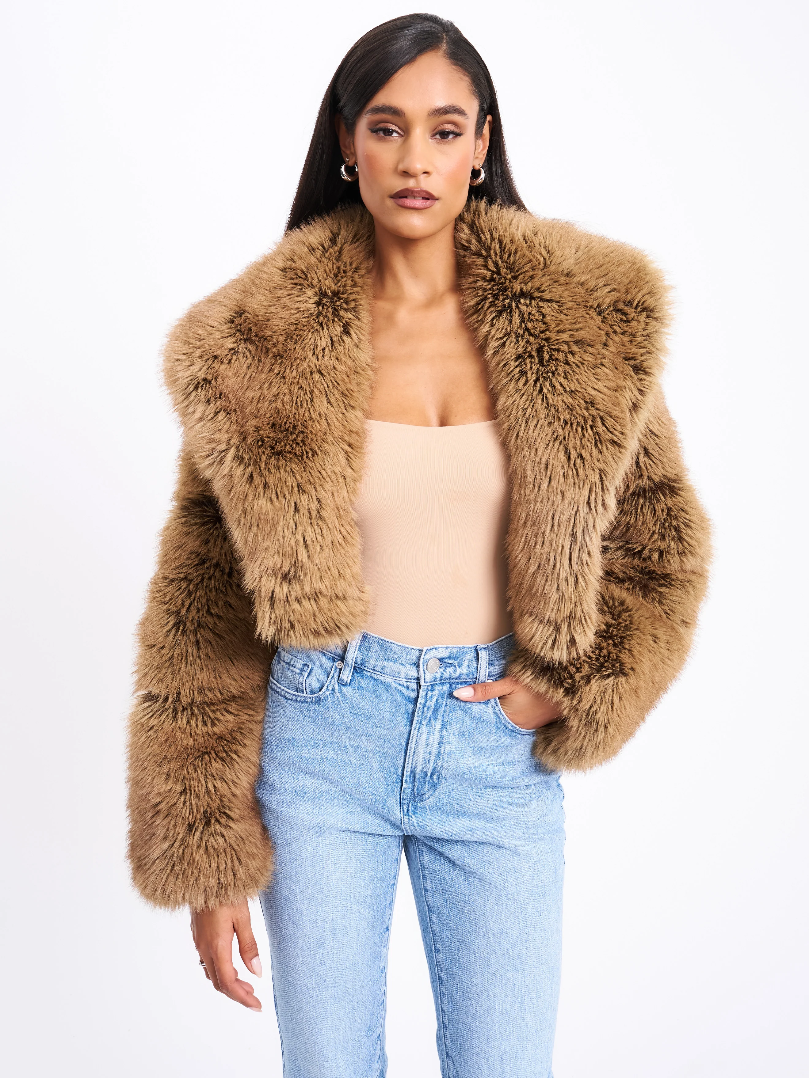Yadavi Brown Vegan Fur Cropped Jacket - Image 5