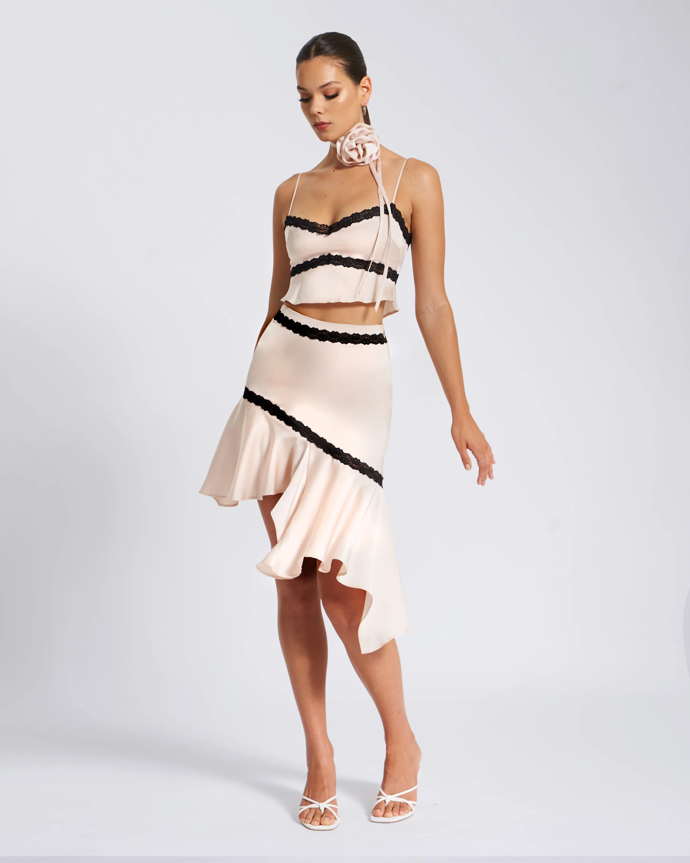 Yahvi Beige Lace Trim Satin Skirt - Image 9