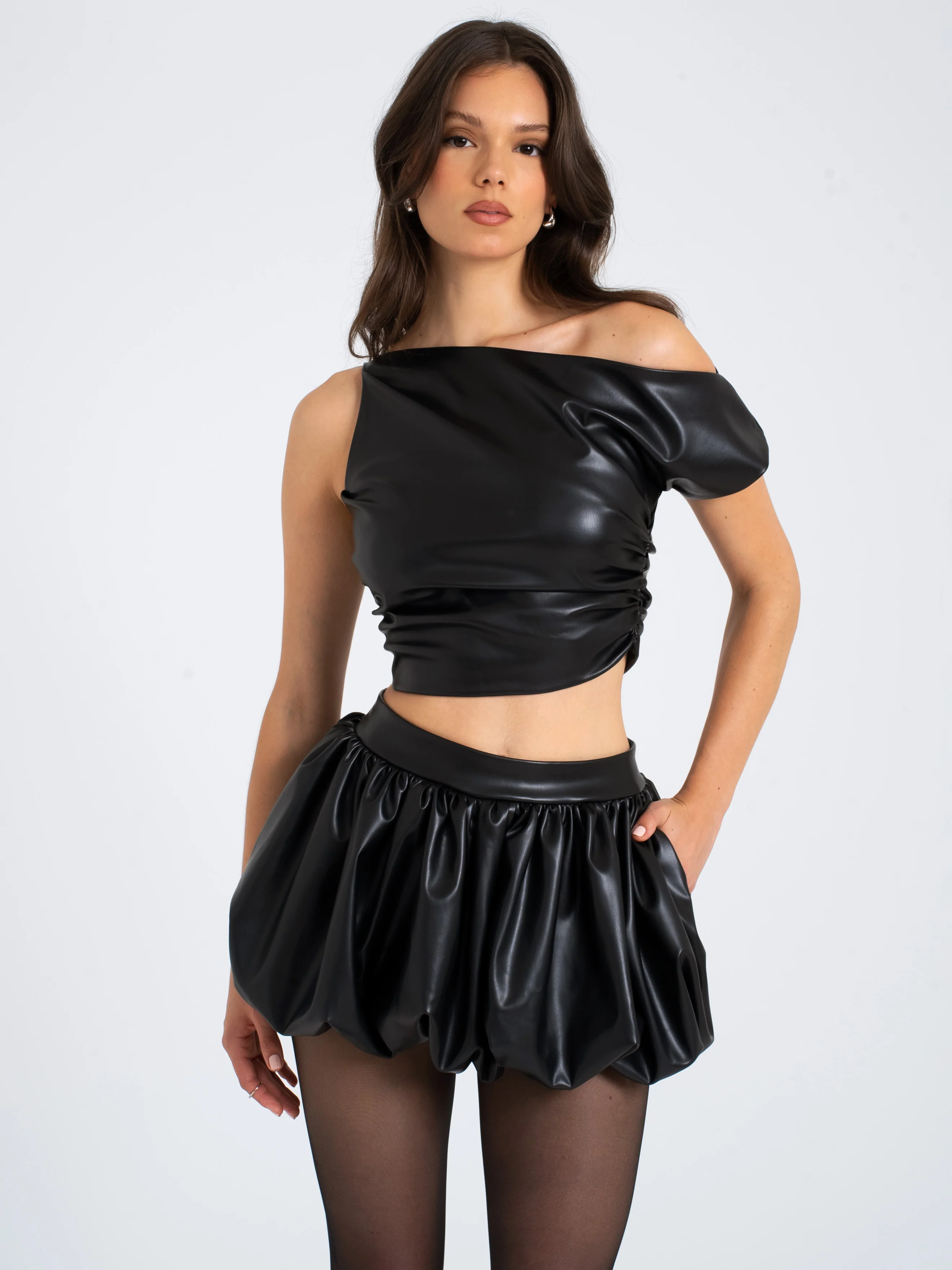 Yuna Vegan Leather Bubble Hem Skirt - Image 4