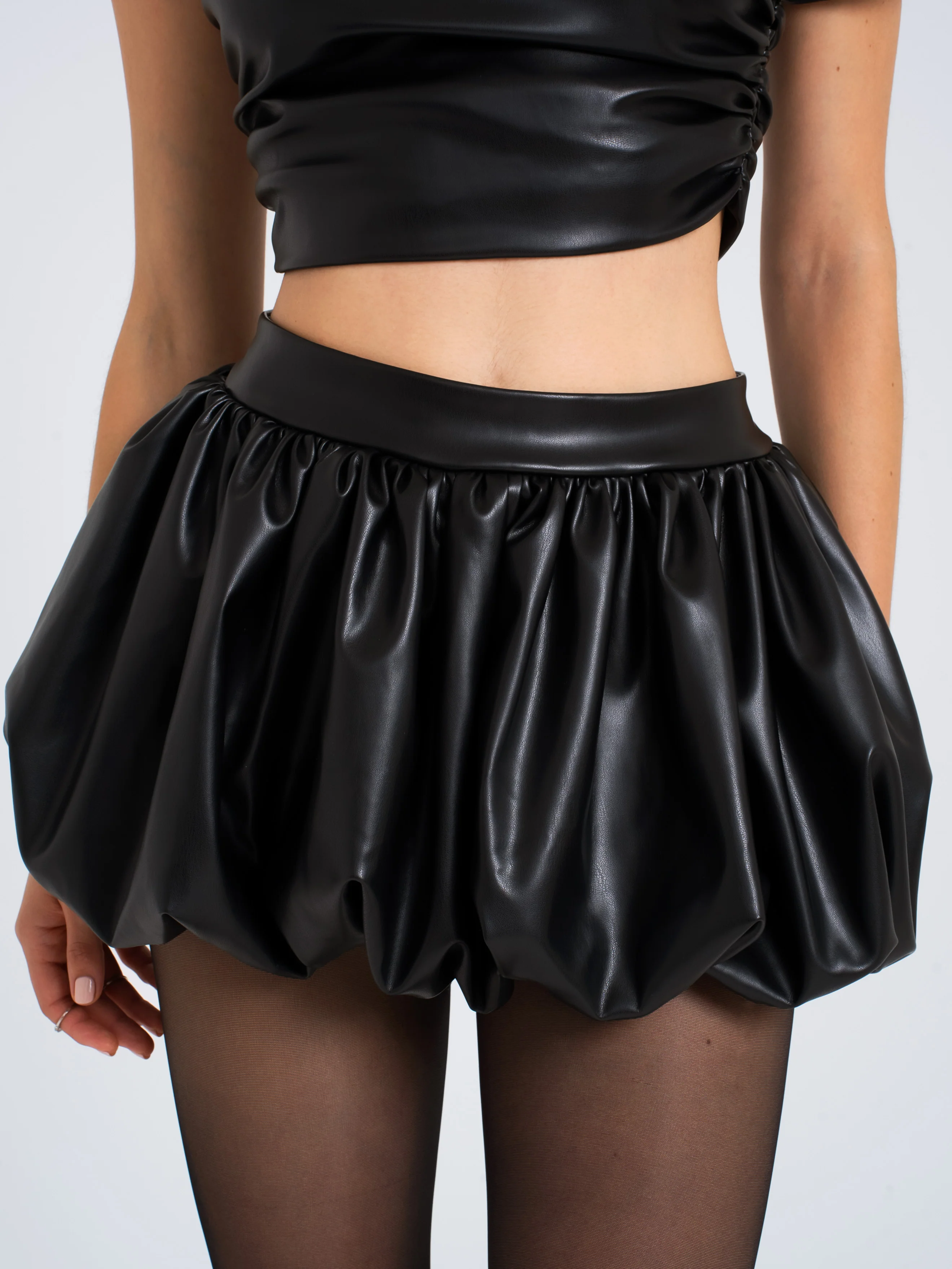 Yuna Vegan Leather Bubble Hem Skirt - Image 3
