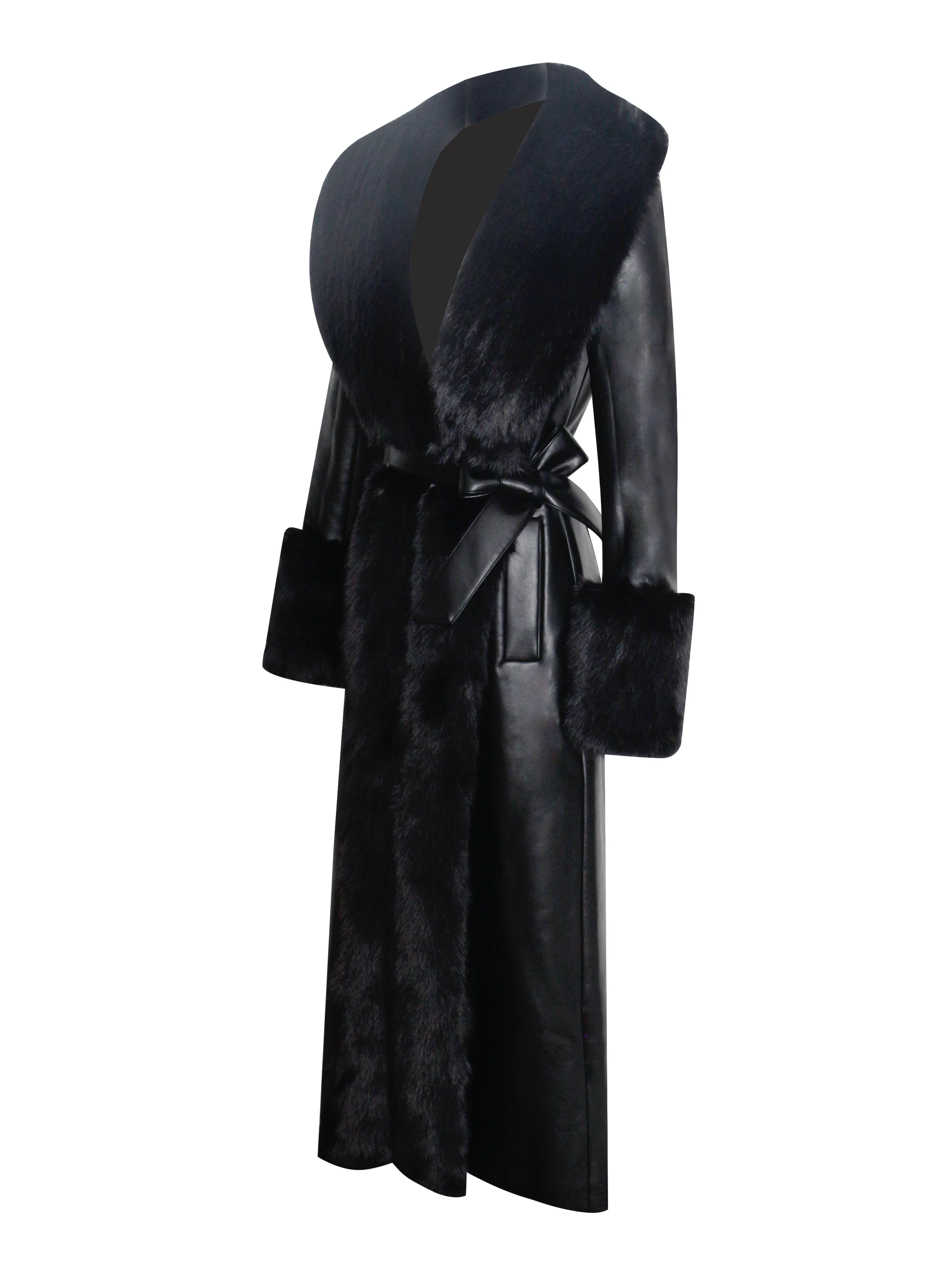 Zaida Black Vegan Fur Trim Black Vegan Leather Coat - Image 18