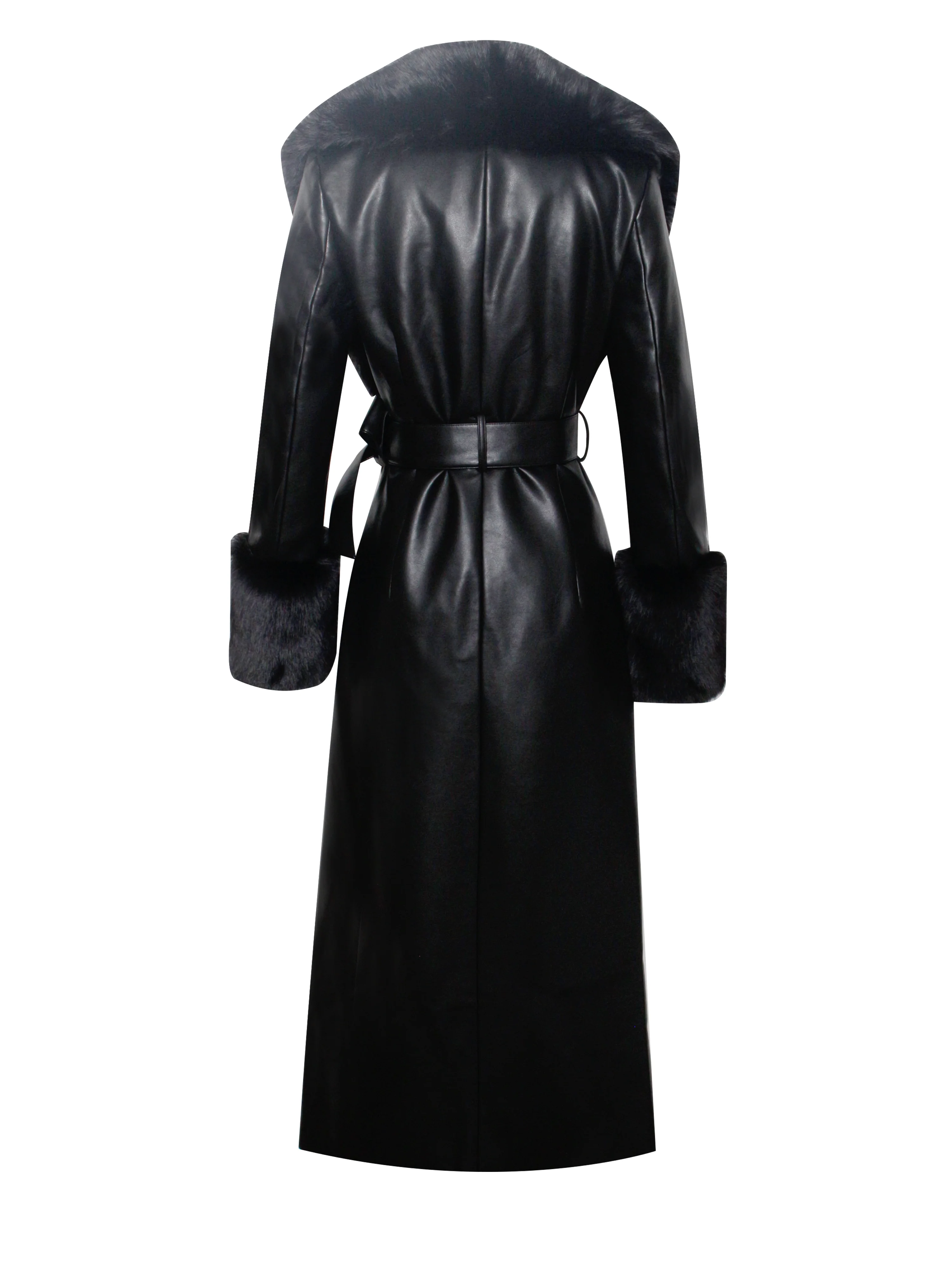 Zaida Black Vegan Fur Trim Black Vegan Leather Coat - Image 19