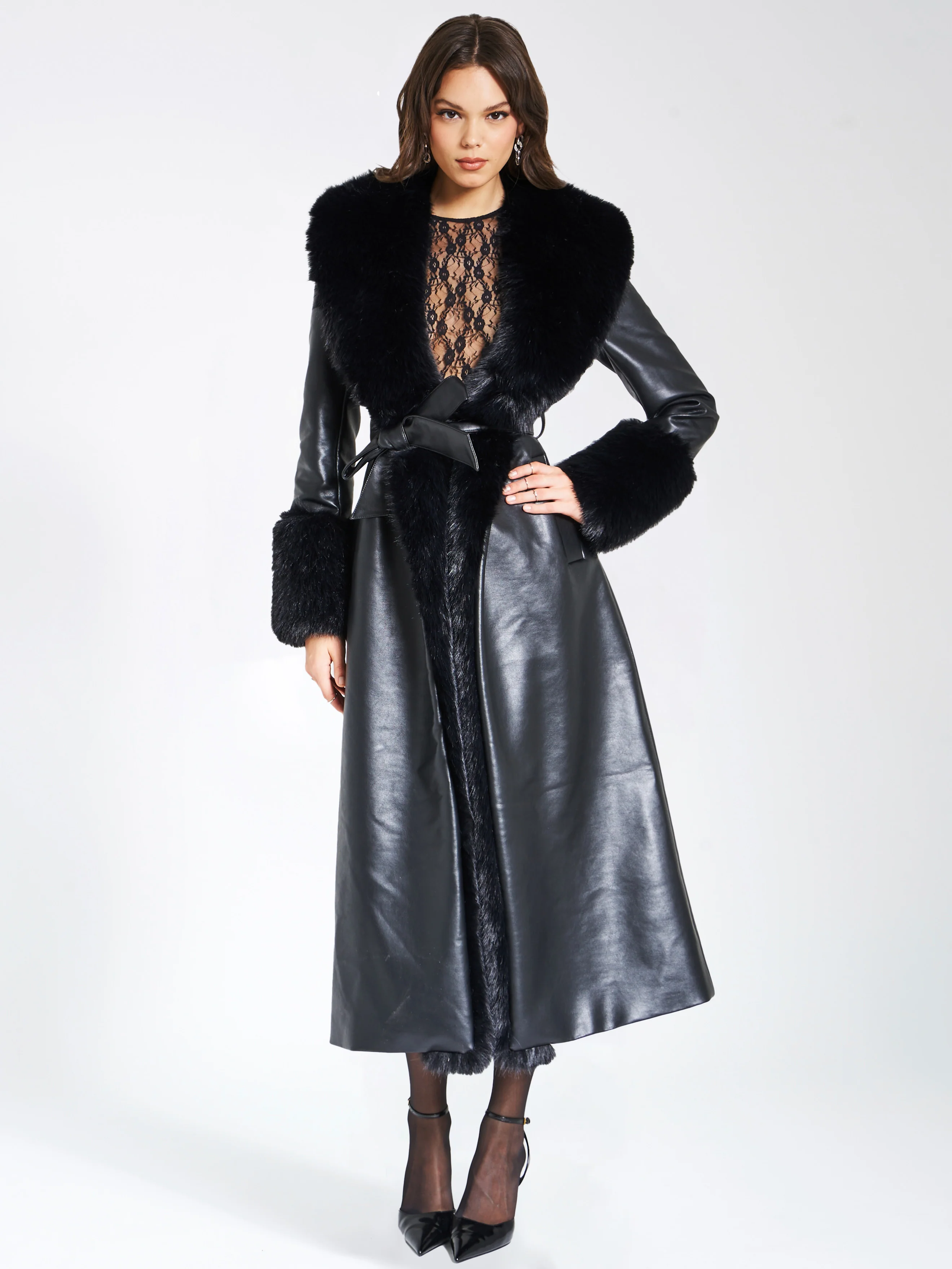 Zaida Black Vegan Fur Trim Black Vegan Leather Coat - Image 3