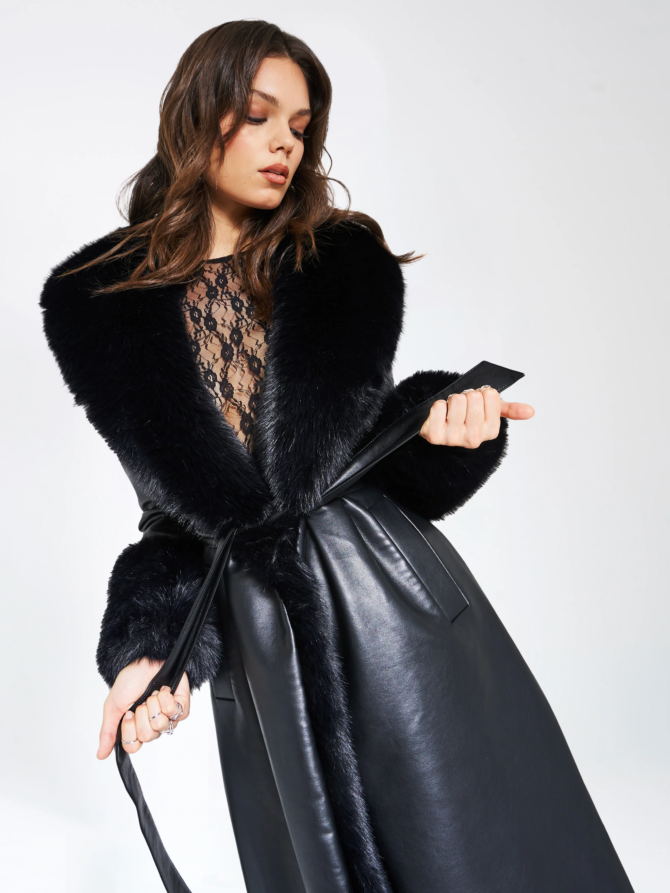Zaida Black Vegan Fur Trim Black Vegan Leather Coat - Image 6