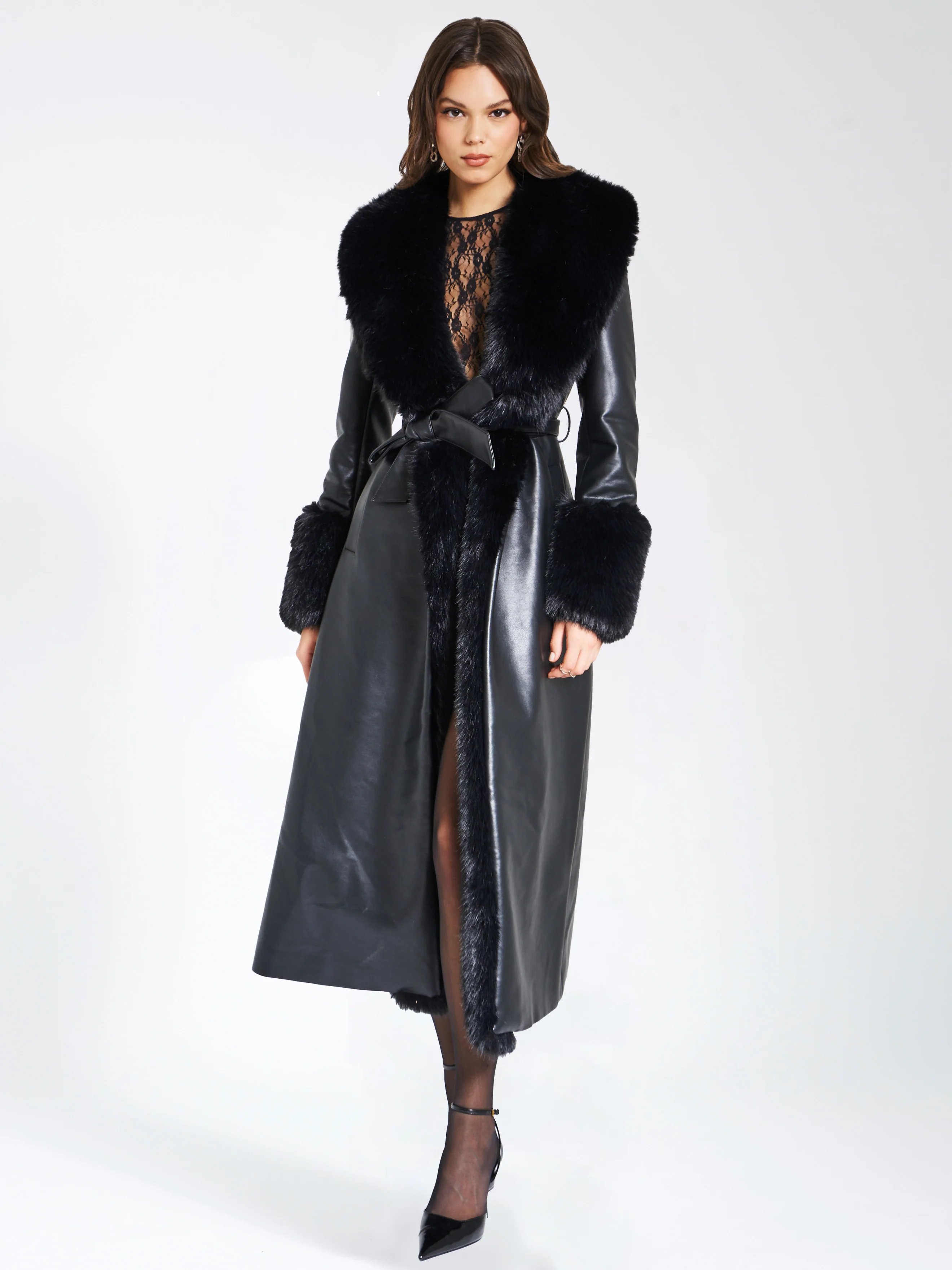 Zaida Black Vegan Fur Trim Black Vegan Leather Coat - Image 7