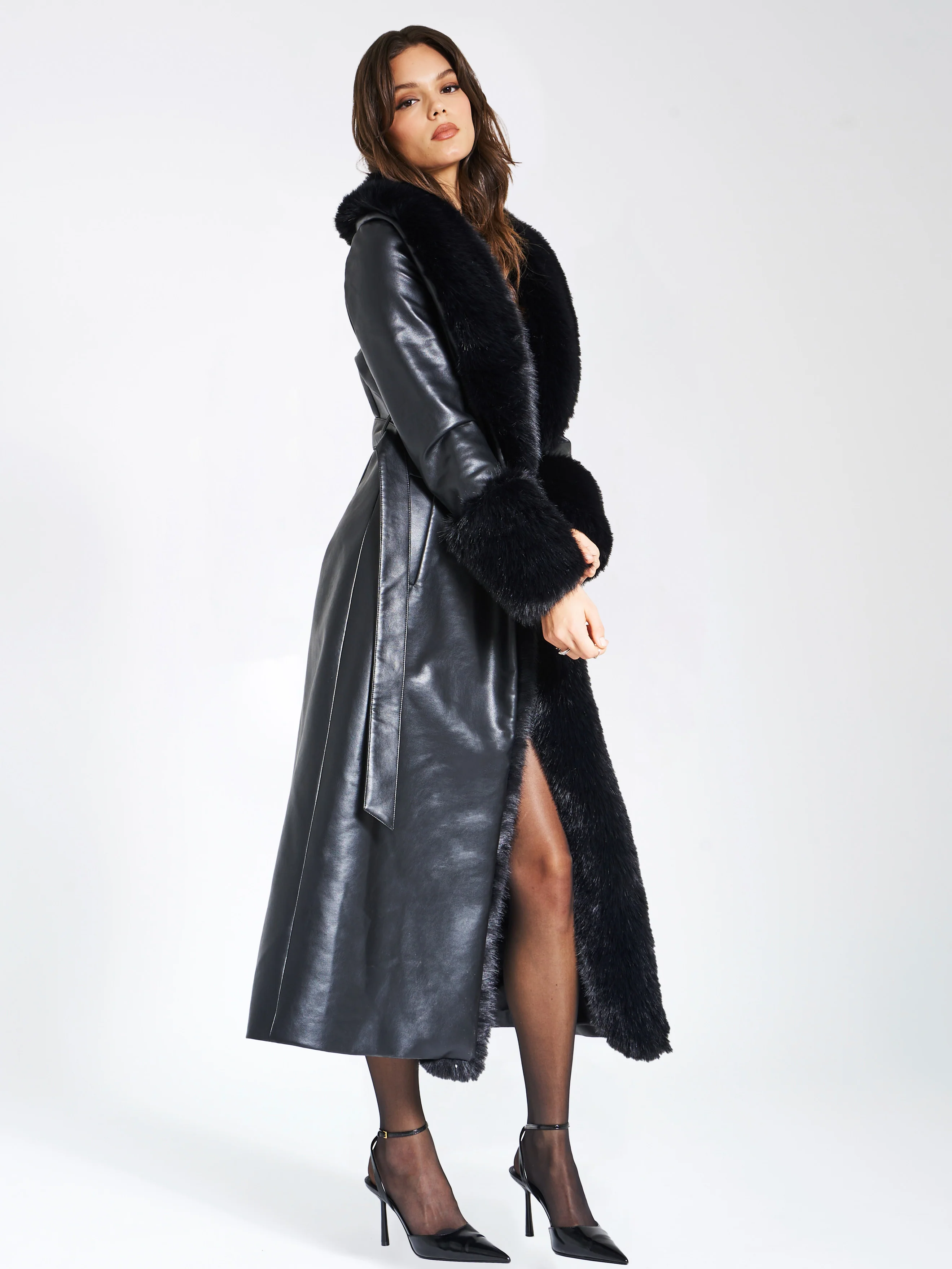 Zaida Black Vegan Fur Trim Black Vegan Leather Coat - Image 8