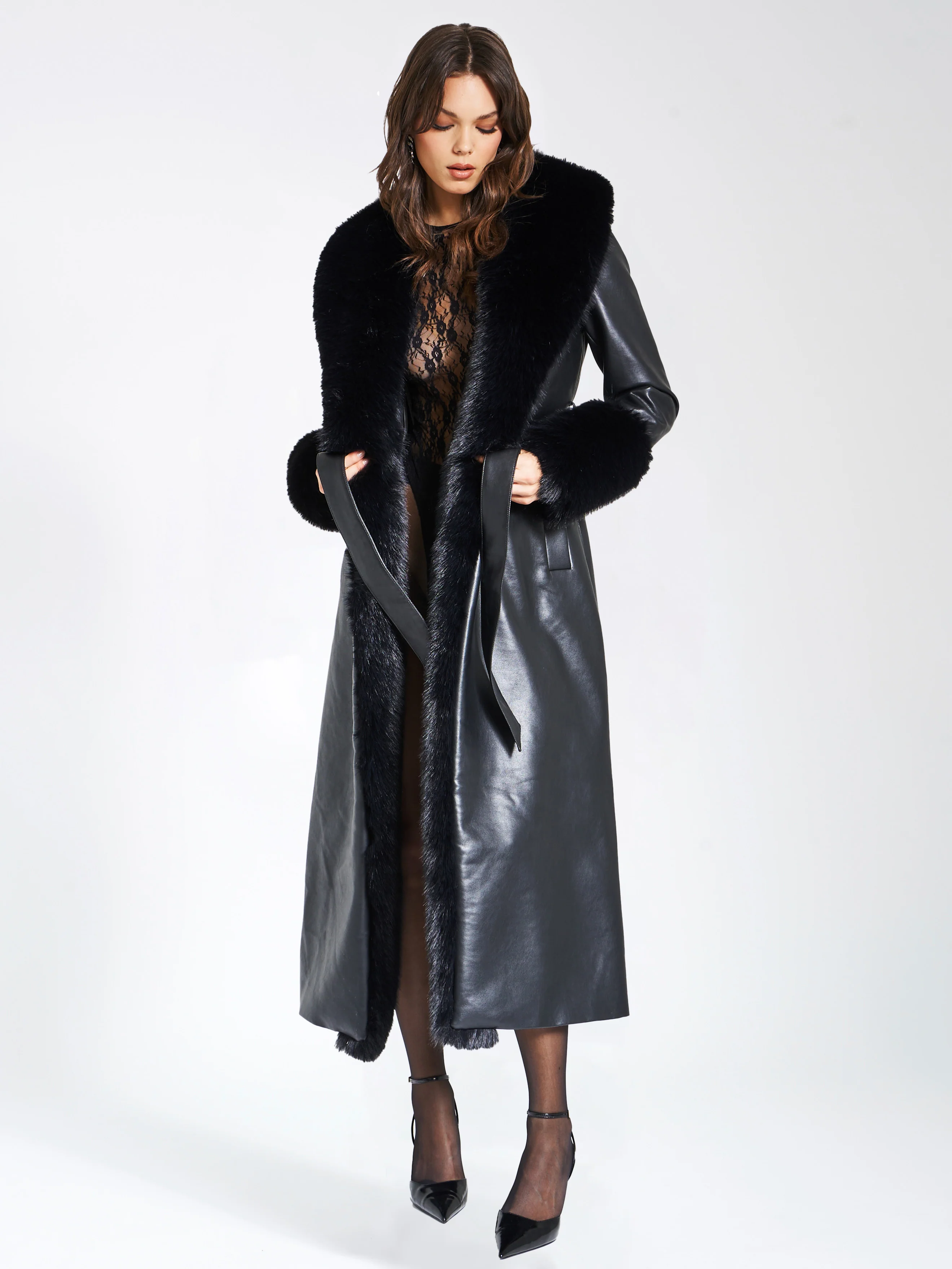 Zaida Black Vegan Fur Trim Black Vegan Leather Coat - Image 9