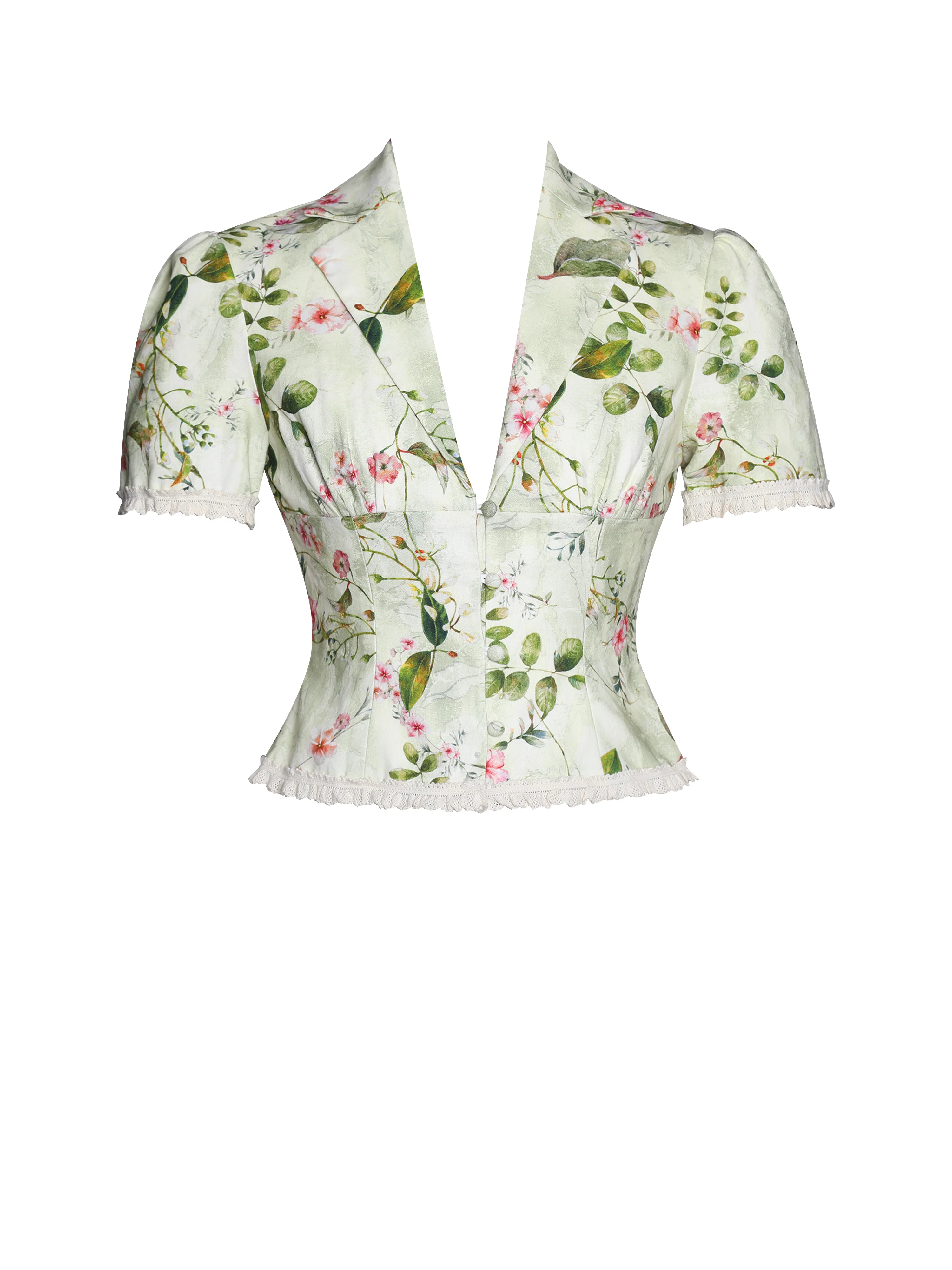 Zanella Green Floral Print Lace Trim Linen Top - Image 13