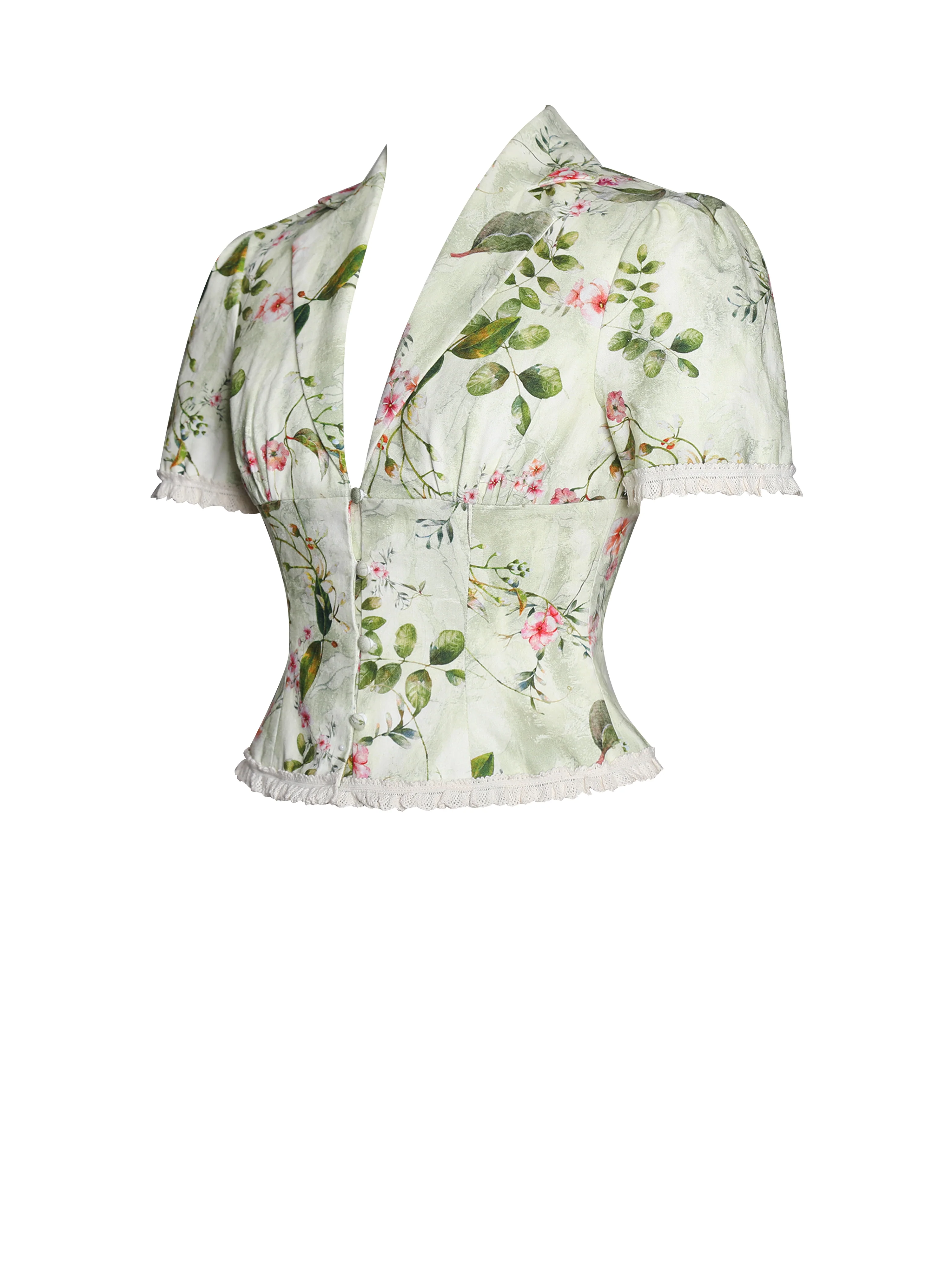 Zanella Green Floral Print Lace Trim Linen Top - Image 14