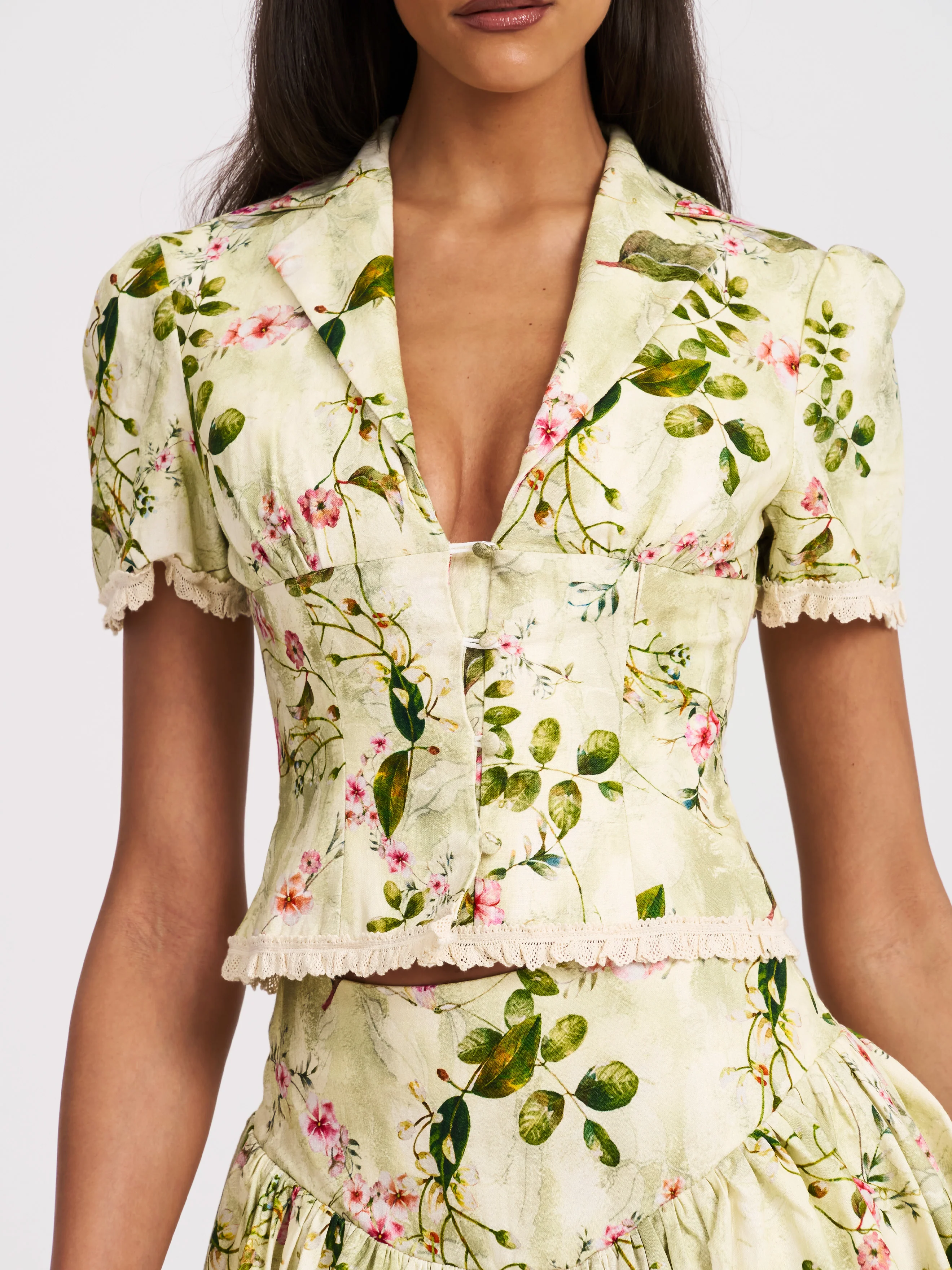 Zanella Green Floral Print Lace Trim Linen Top - Image 3