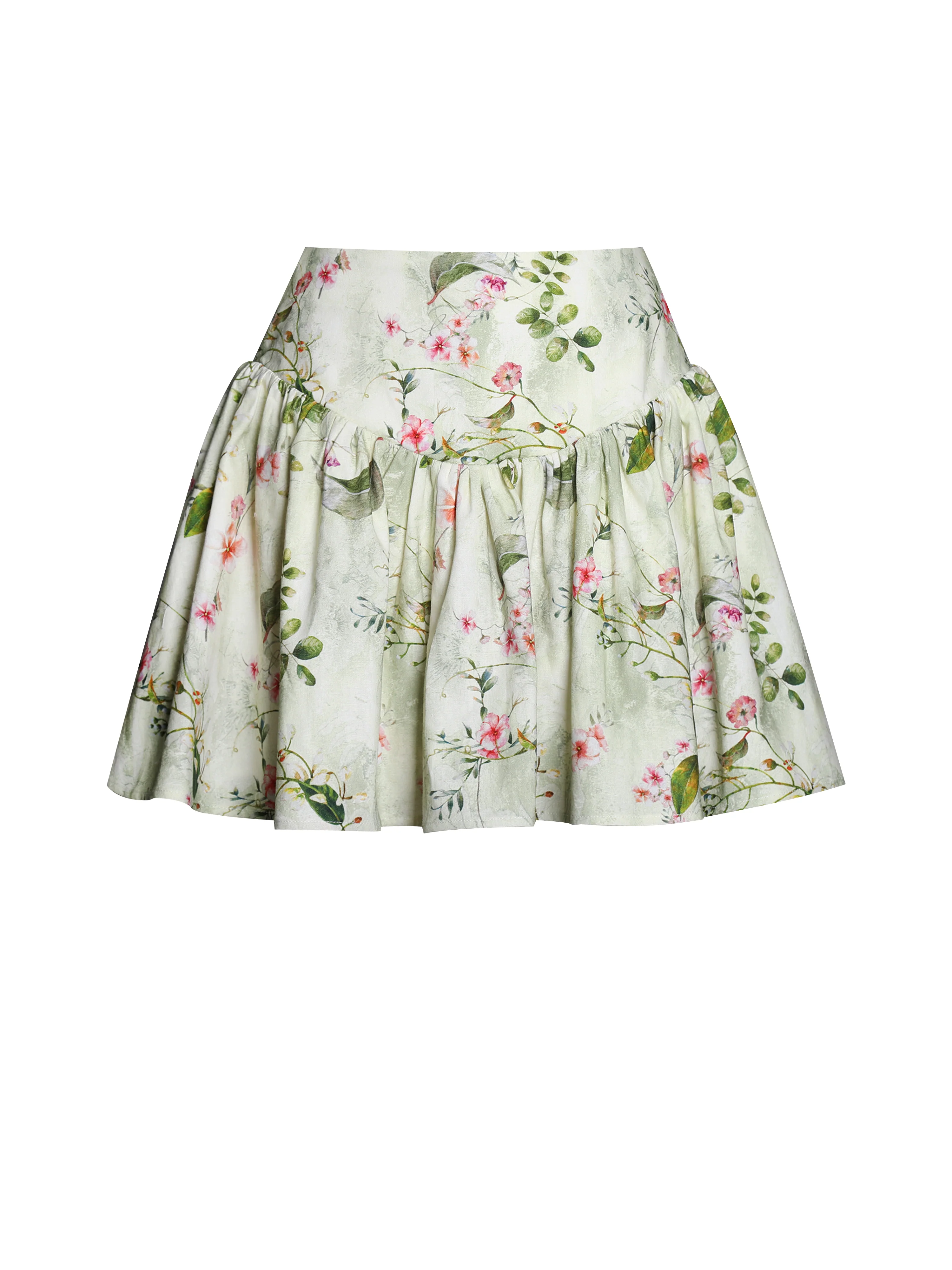 Zanelle Green Floral Print Drop Waist Linen Full Skirt - Image 13