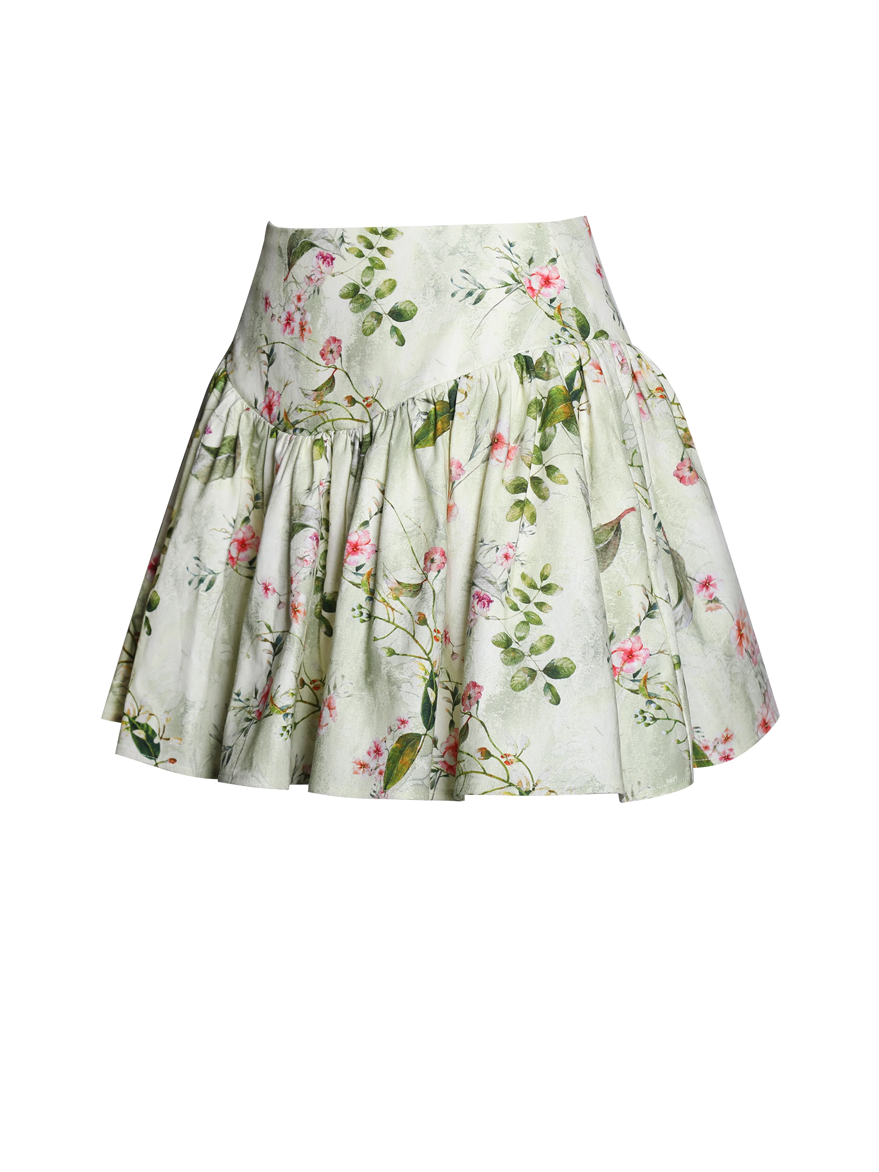 Zanelle Green Floral Print Drop Waist Linen Full Skirt - Image 14