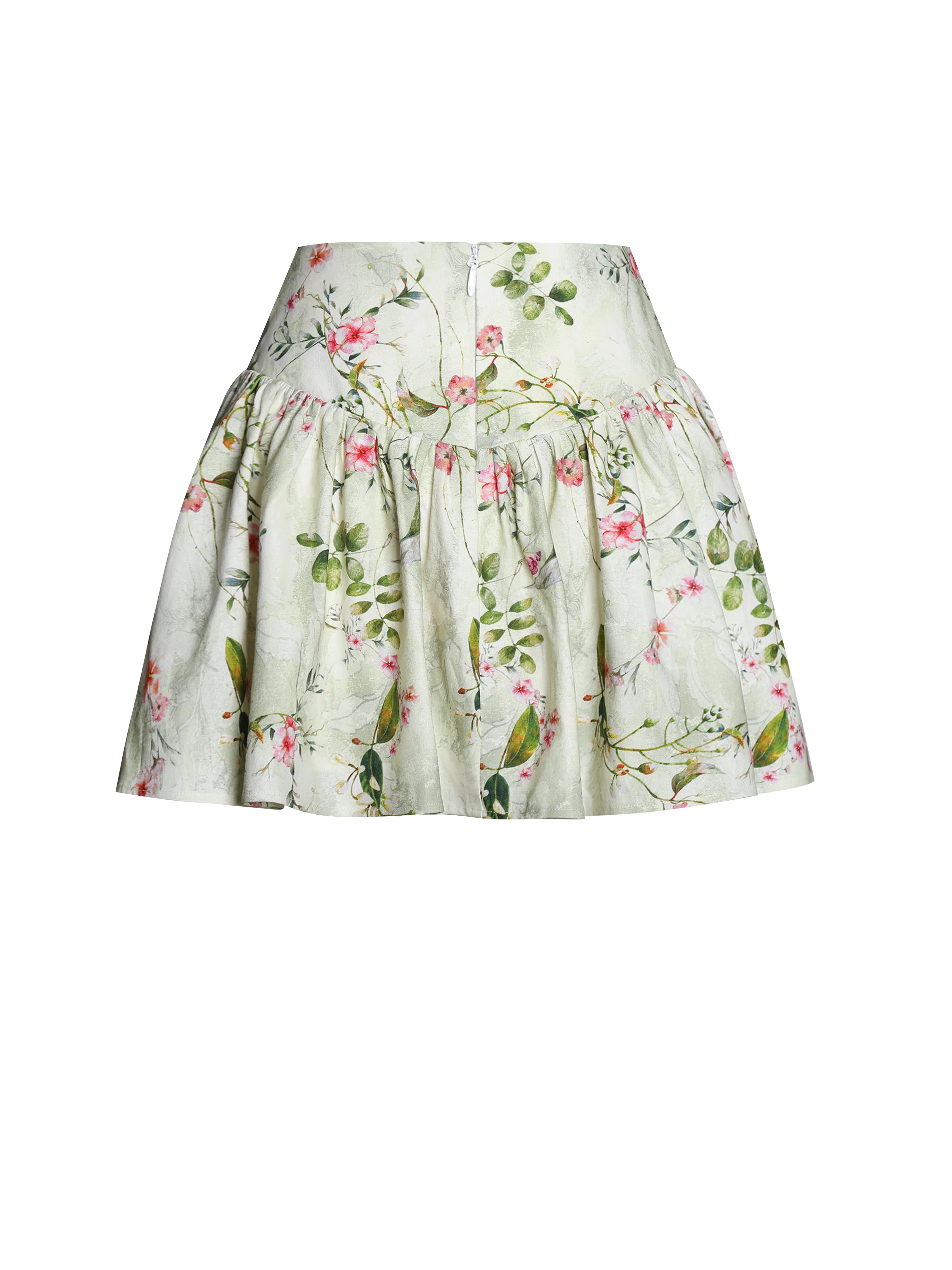 Zanelle Green Floral Print Drop Waist Linen Full Skirt - Image 15