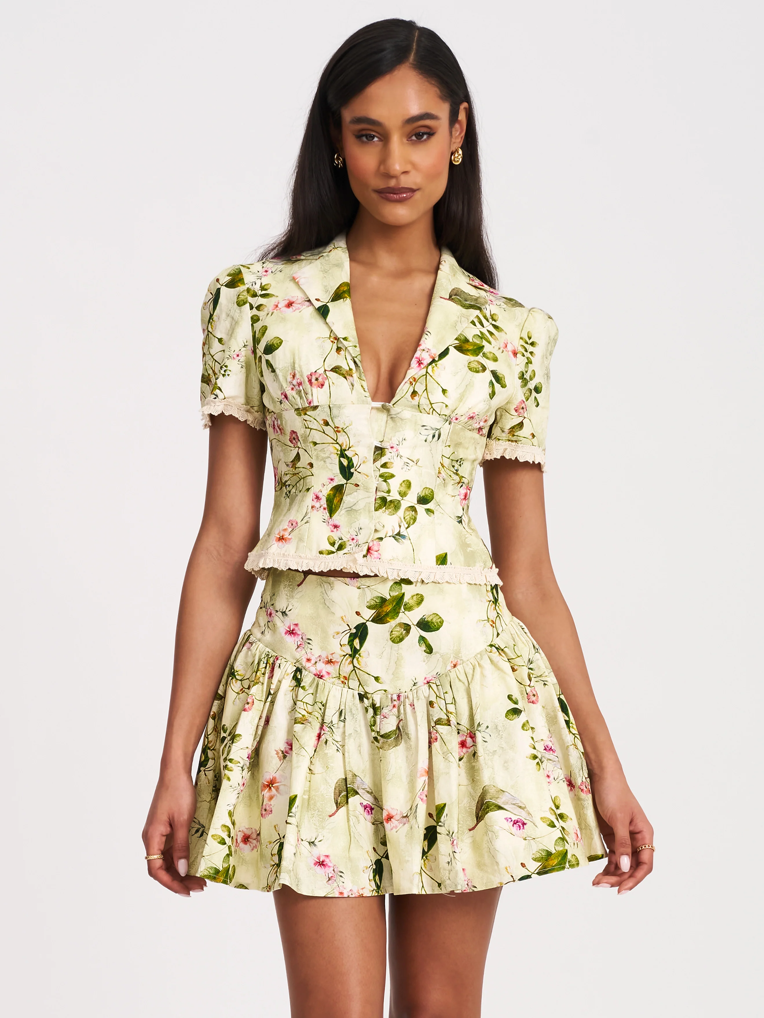 Zanelle Green Floral Print Drop Waist Linen Full Skirt - Image 3