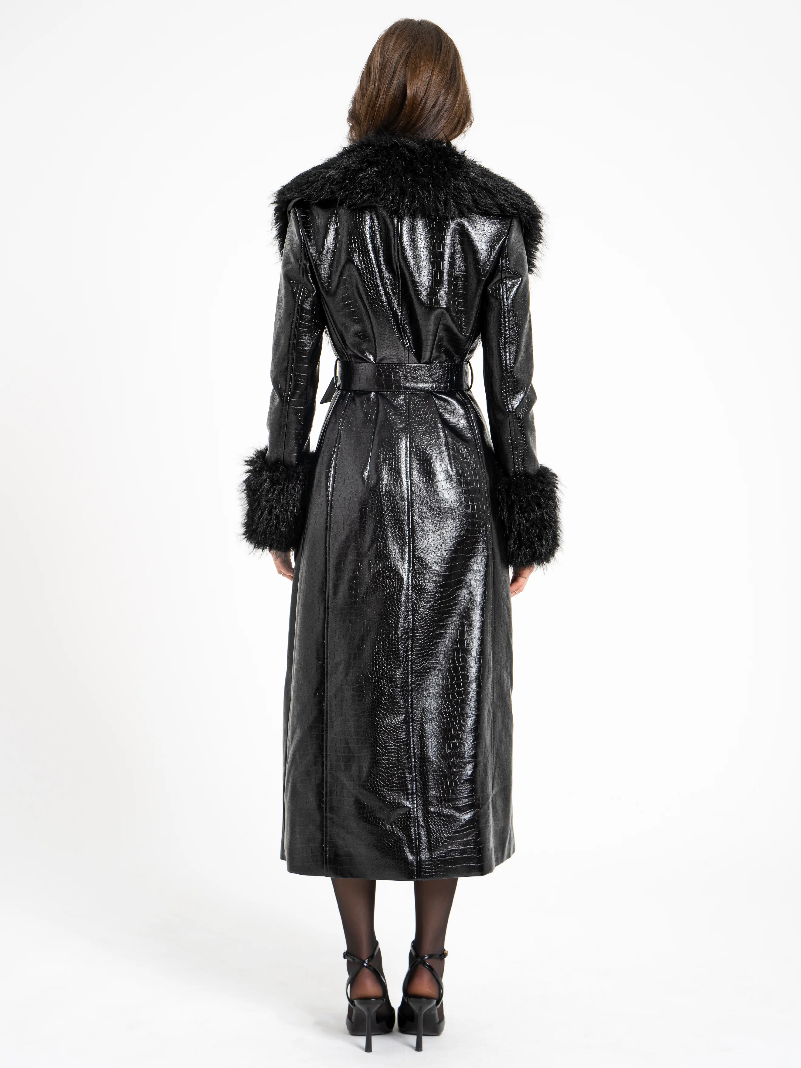 Zella Black Fur Trim Vegan Croc Leather Coat - Image 10