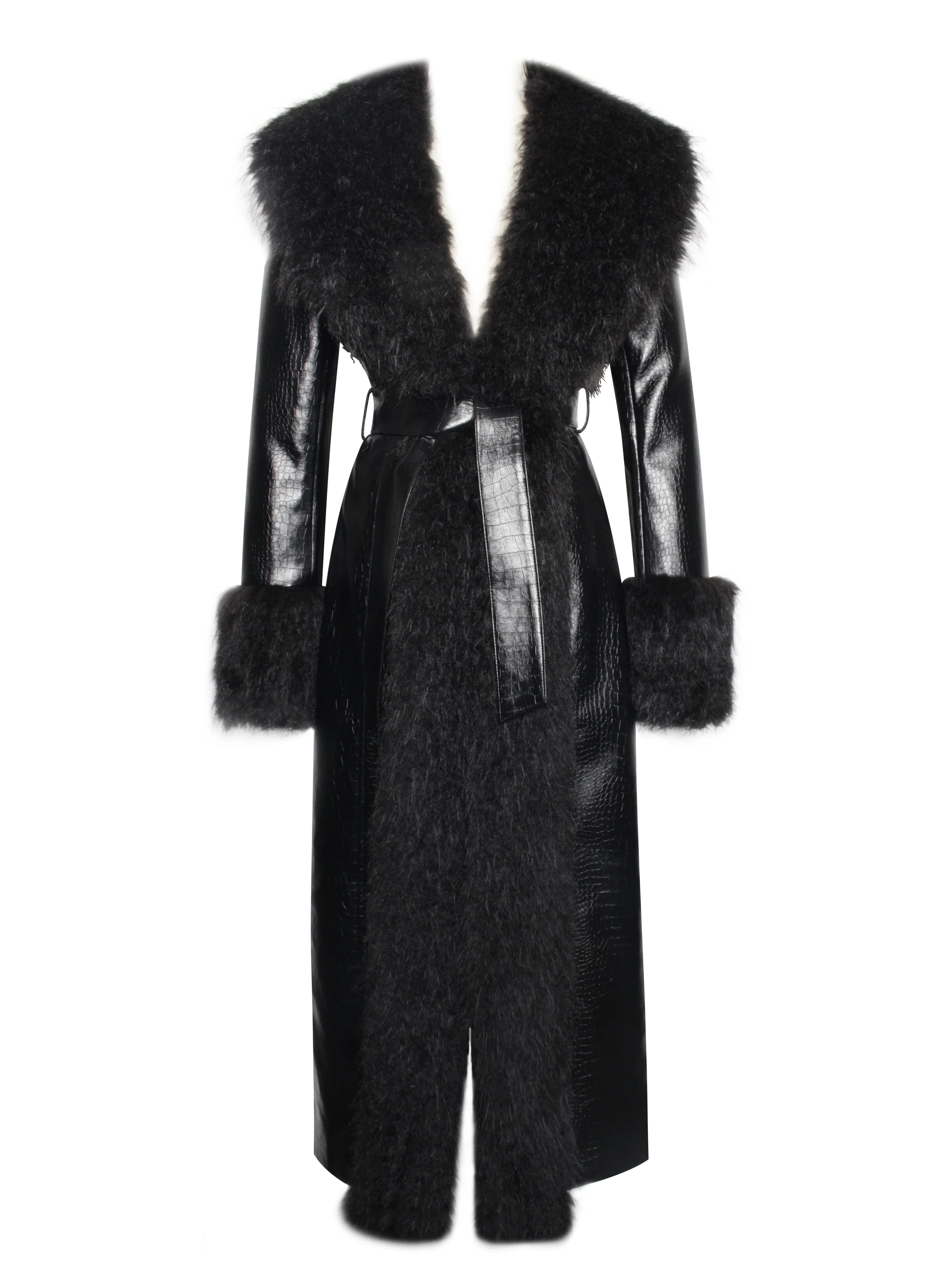 Zella Black Fur Trim Vegan Croc Leather Coat - Image 11
