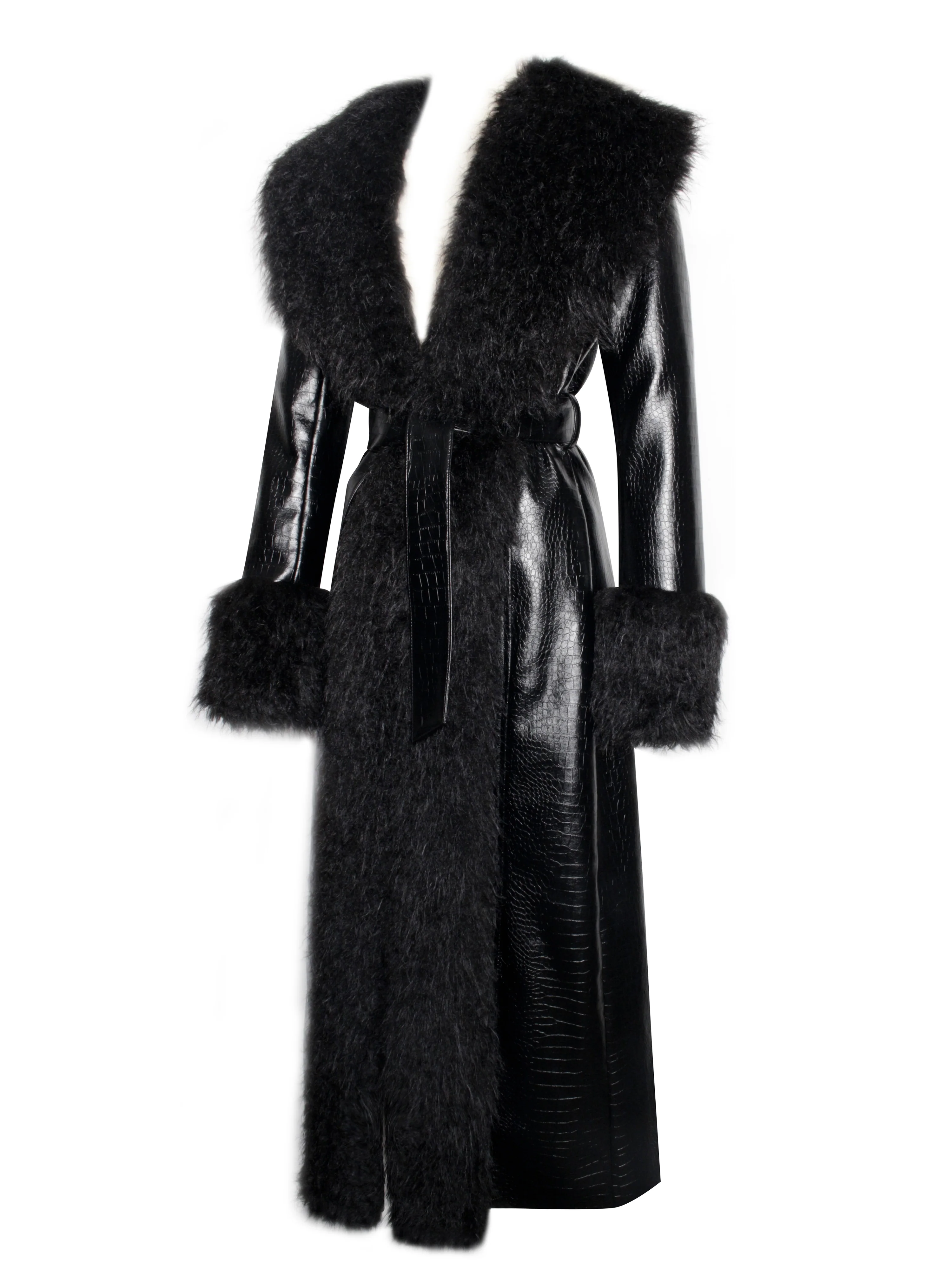 Zella Black Fur Trim Vegan Croc Leather Coat - Image 12