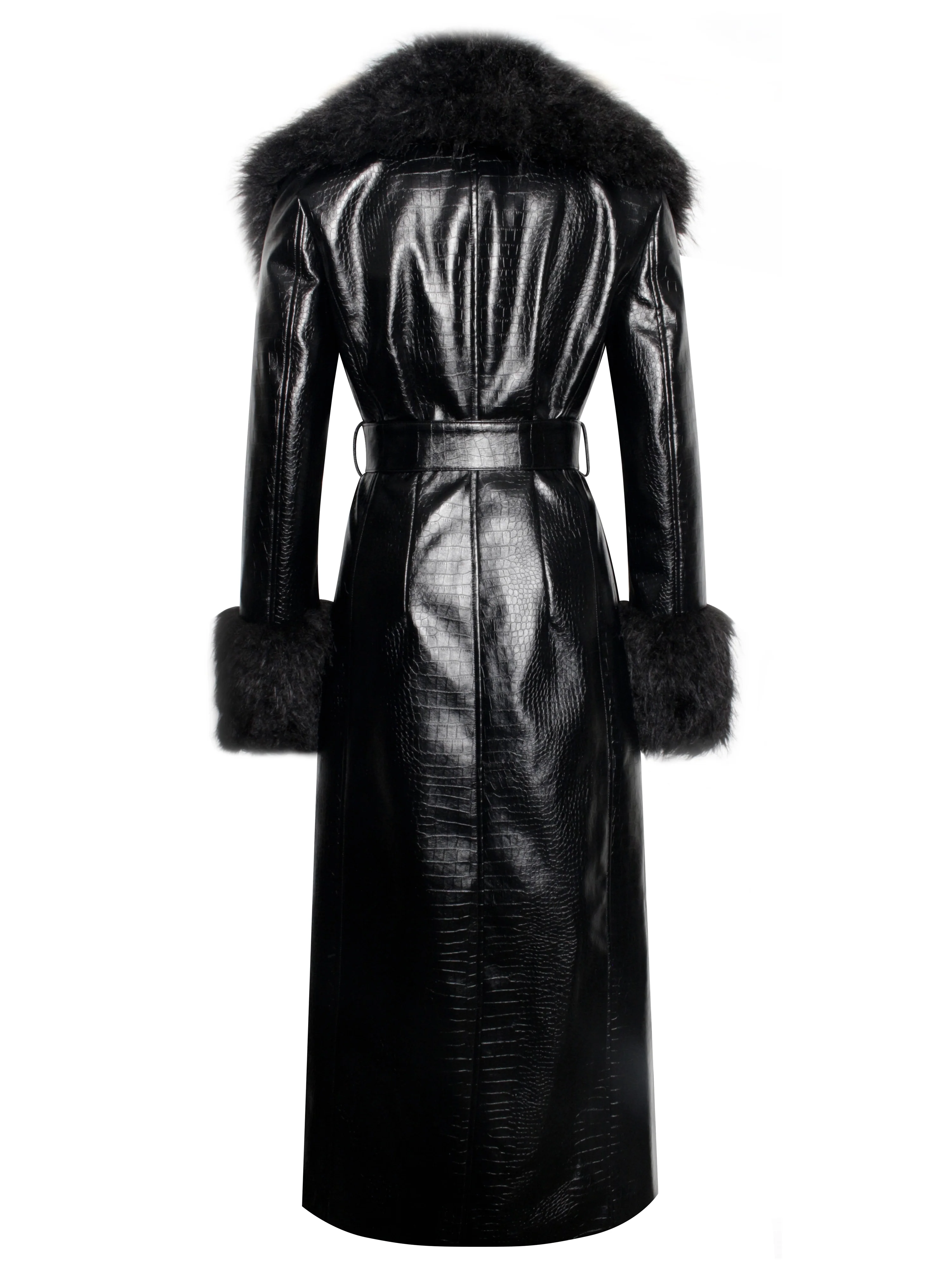 Zella Black Fur Trim Vegan Croc Leather Coat - Image 13