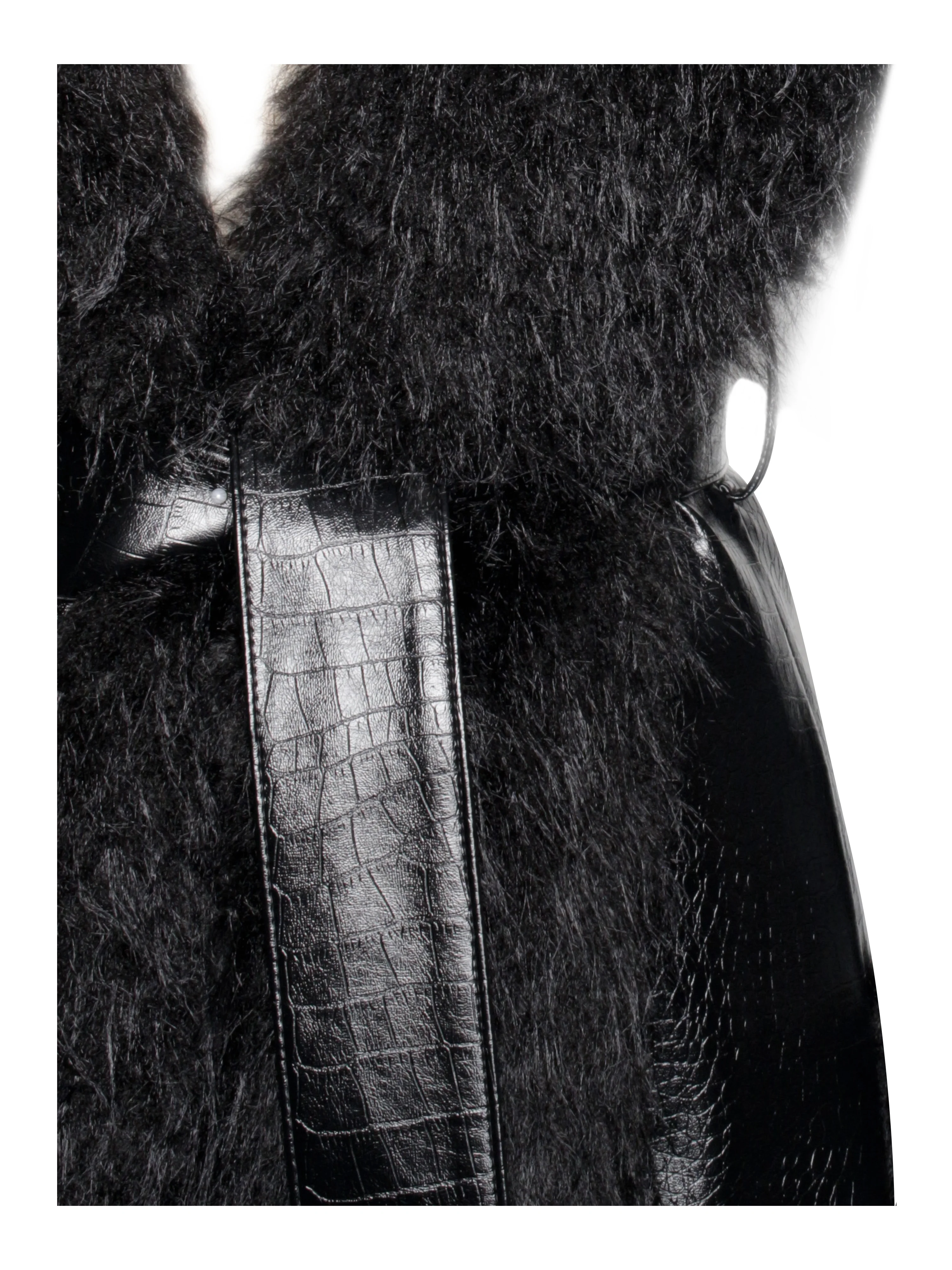 Zella Black Fur Trim Vegan Croc Leather Coat - Image 15