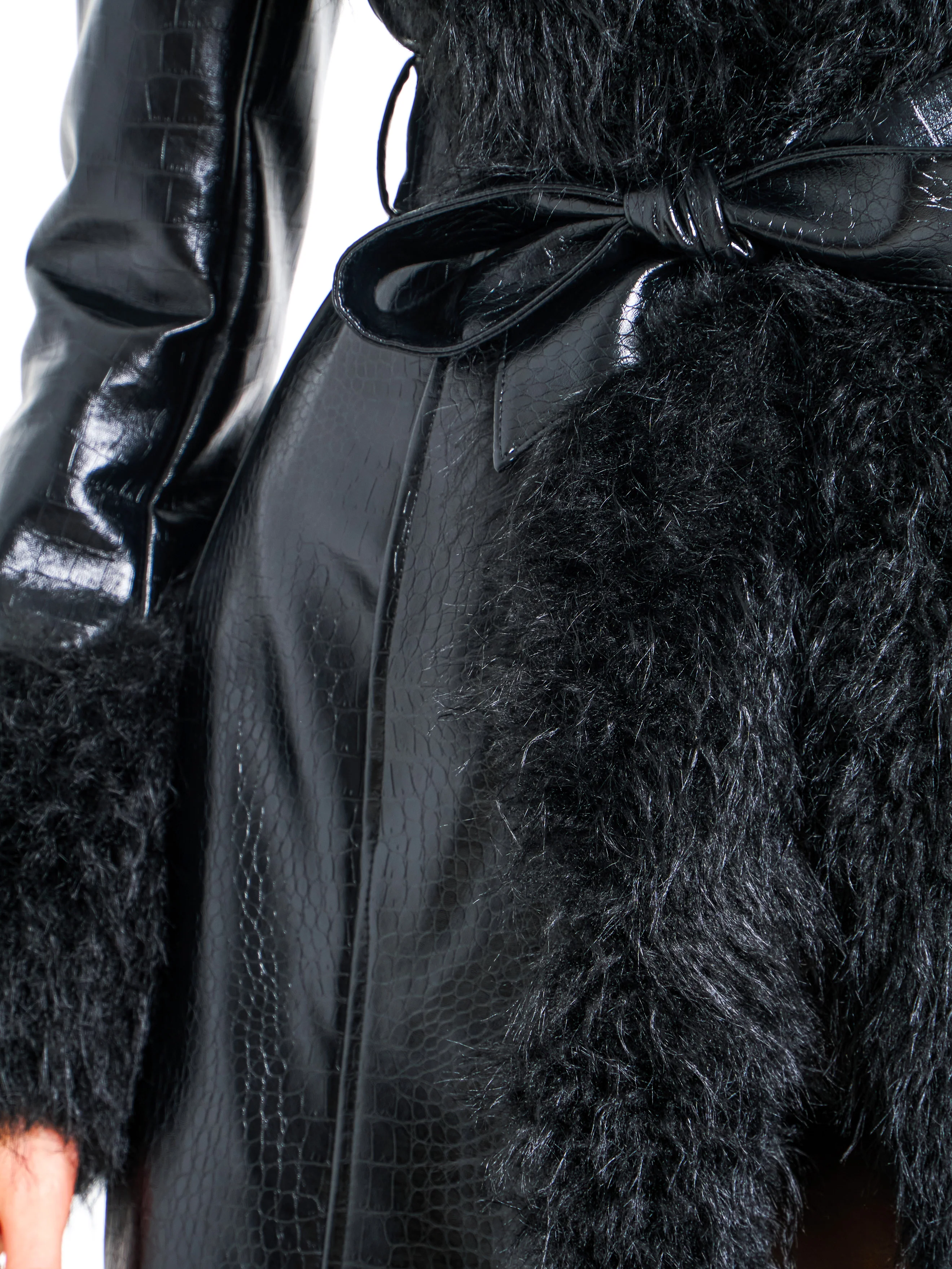 Zella Black Fur Trim Vegan Croc Leather Coat - Image 16