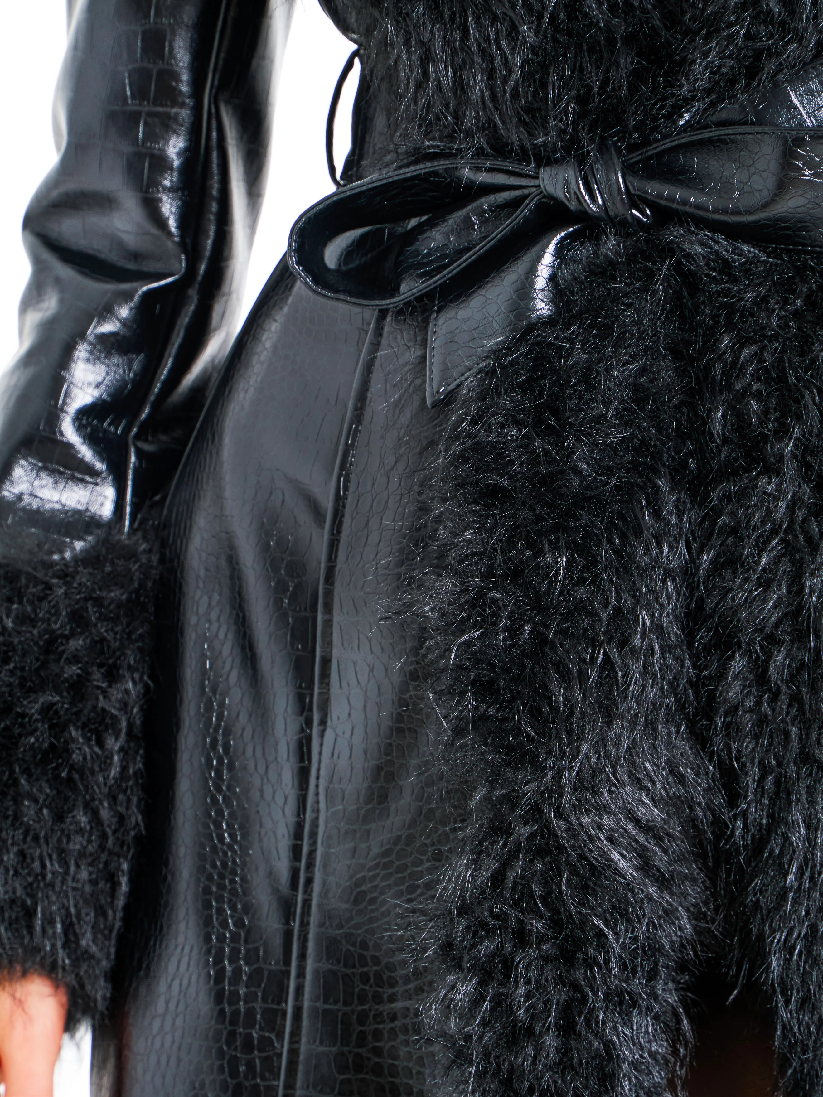 Zella Black Fur Trim Vegan Croc Leather Coat - Image 17