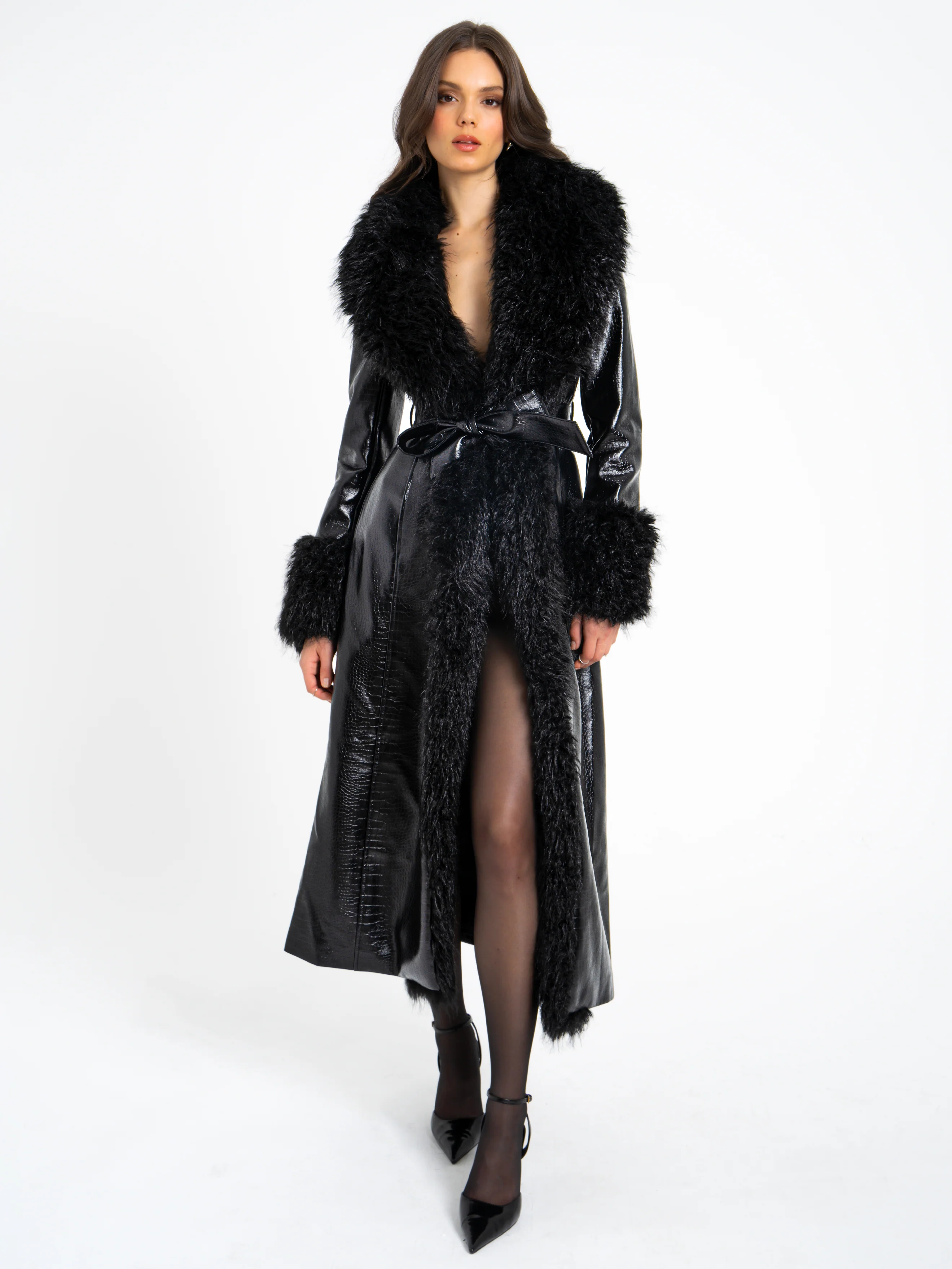 Zella Black Fur Trim Vegan Croc Leather Coat - Image 3