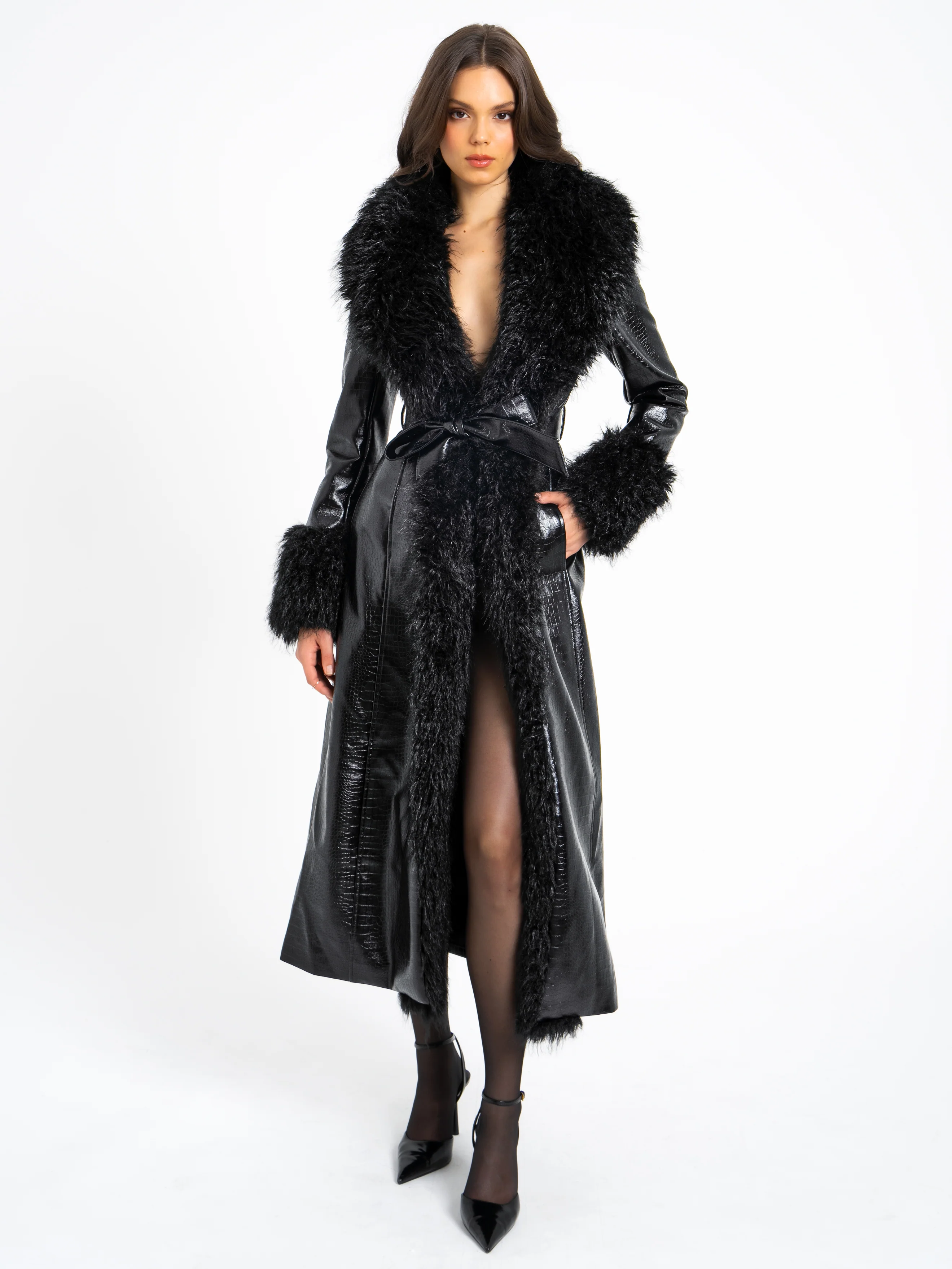 Zella Black Fur Trim Vegan Croc Leather Coat - Image 4
