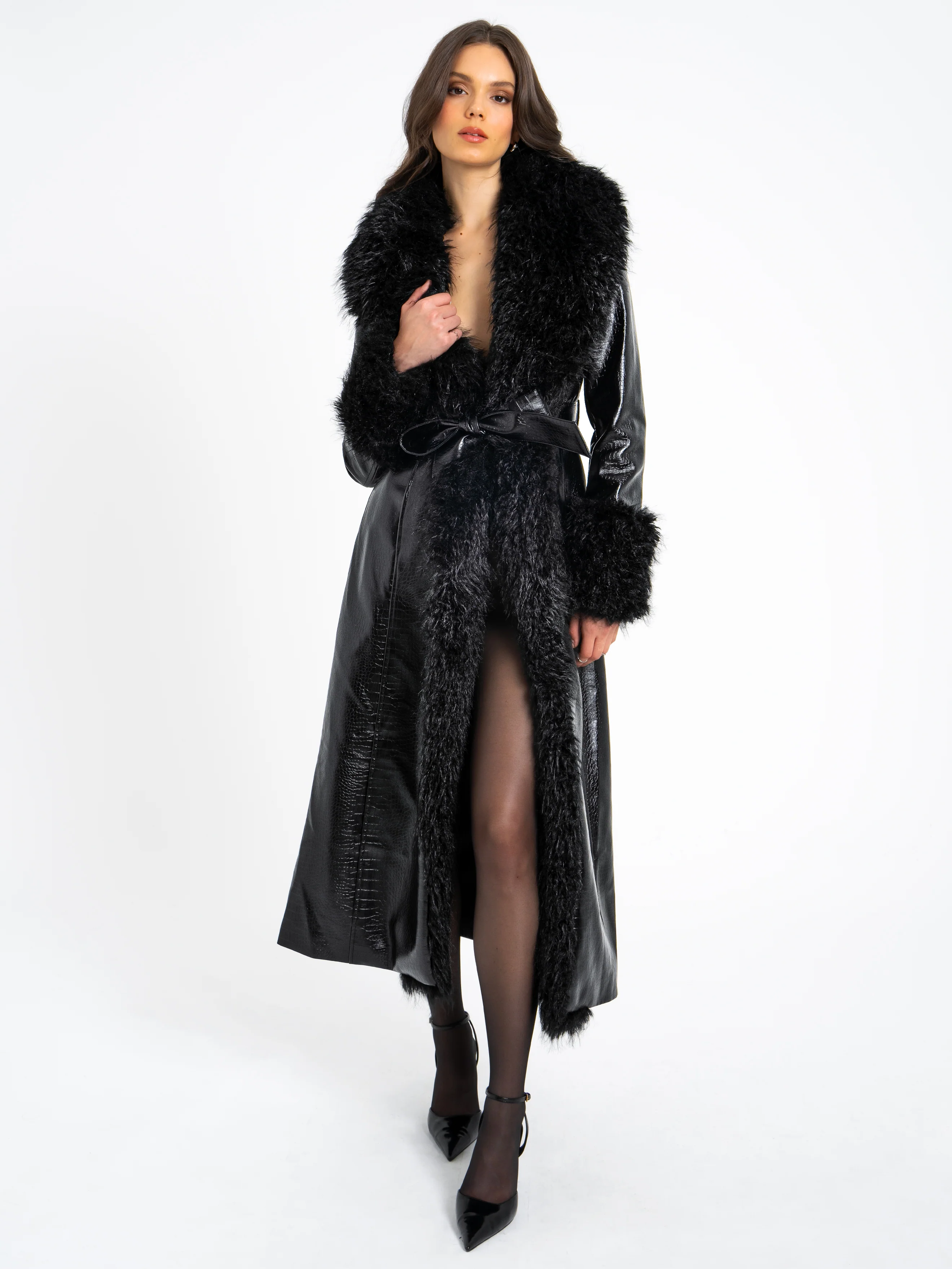 Zella Black Fur Trim Vegan Croc Leather Coat - Image 5