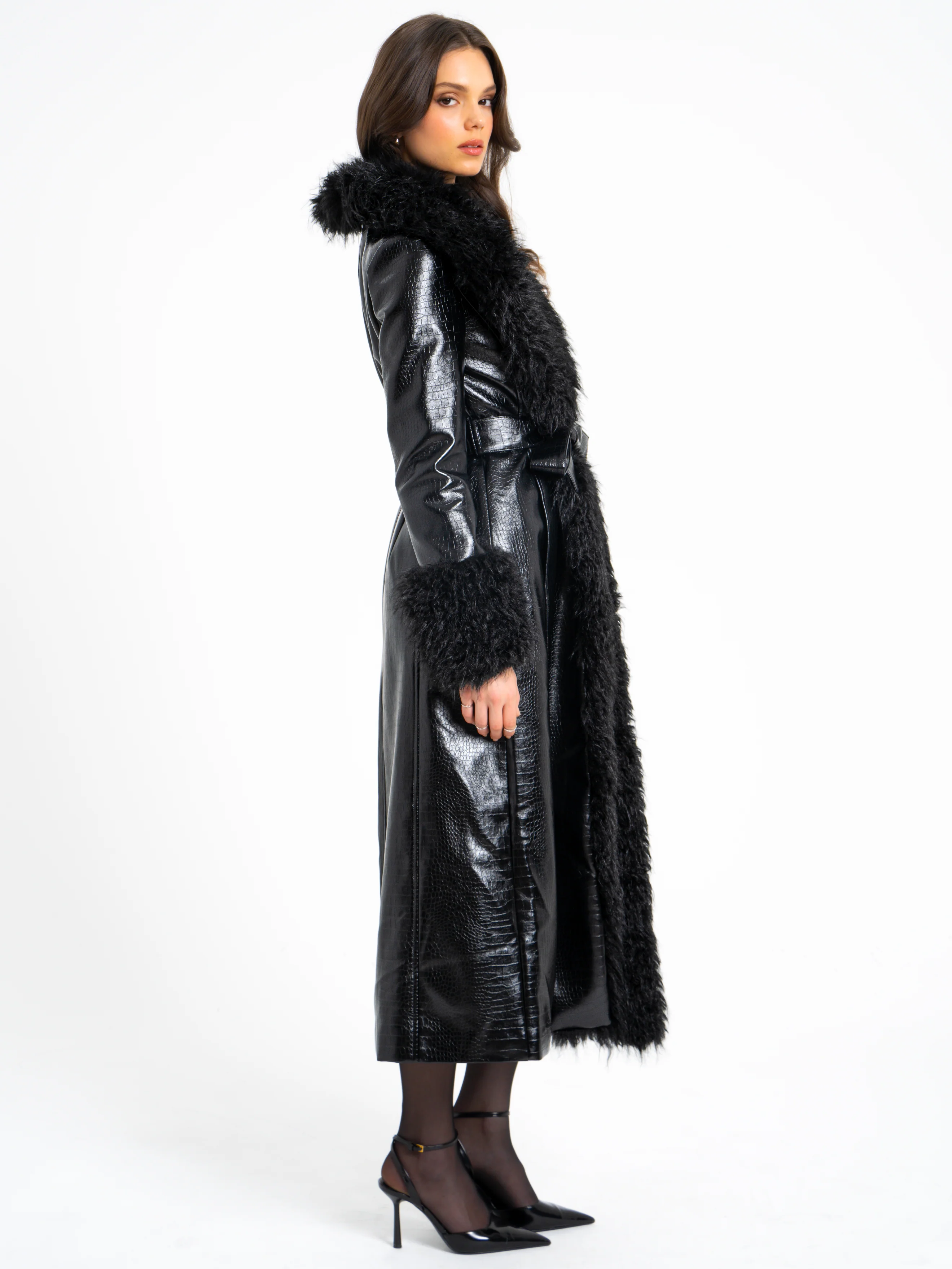 Zella Black Fur Trim Vegan Croc Leather Coat - Image 7