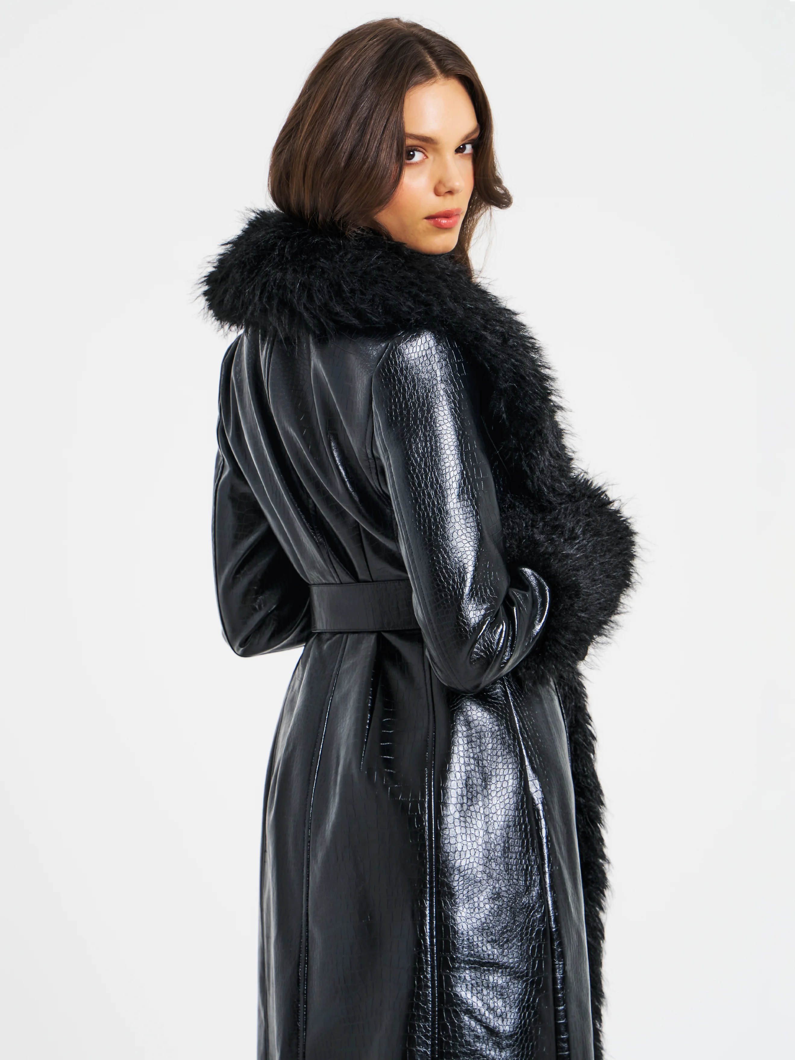 Zella Black Fur Trim Vegan Croc Leather Coat - Image 8