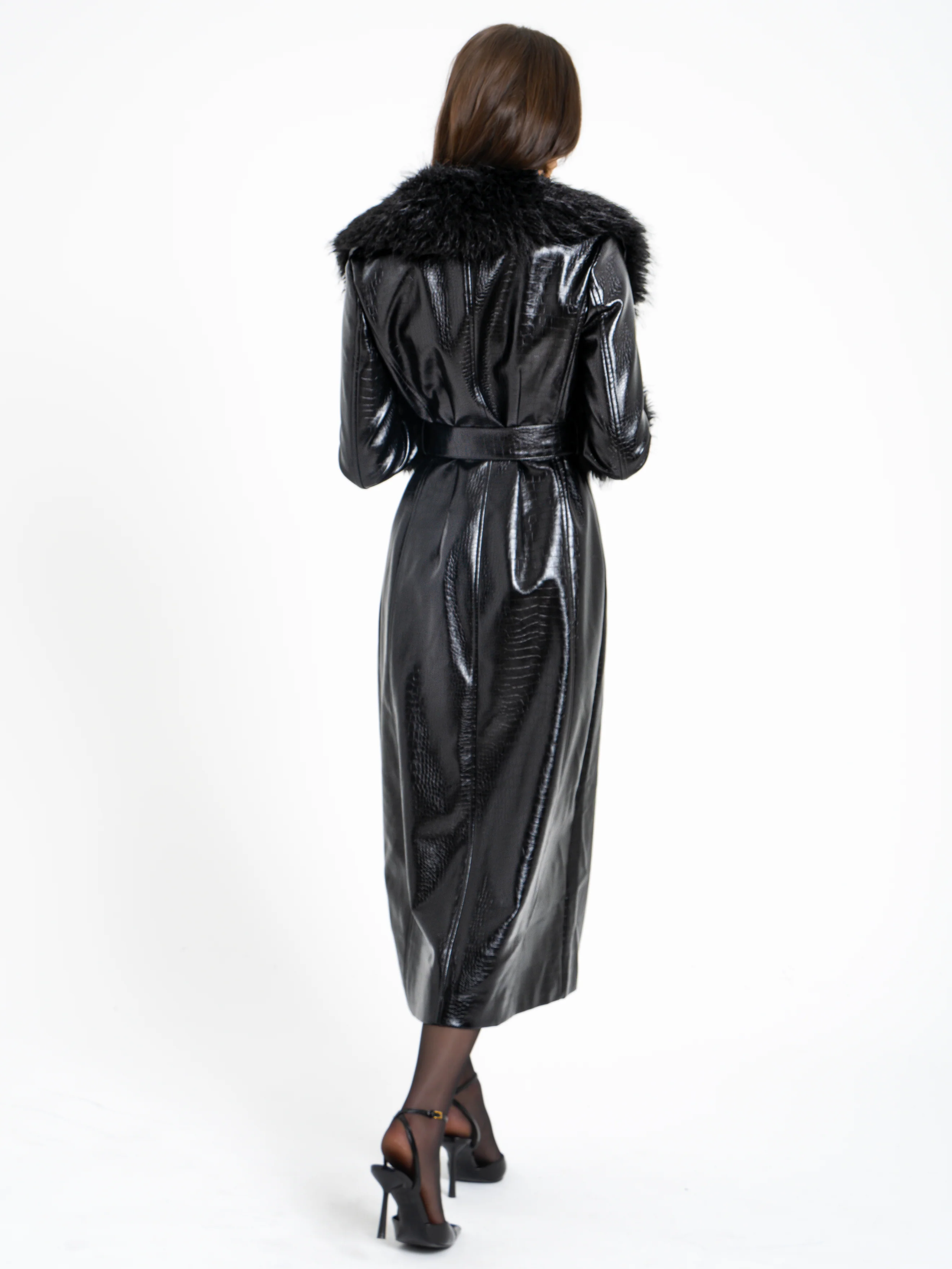 Zella Black Fur Trim Vegan Croc Leather Coat - Image 9